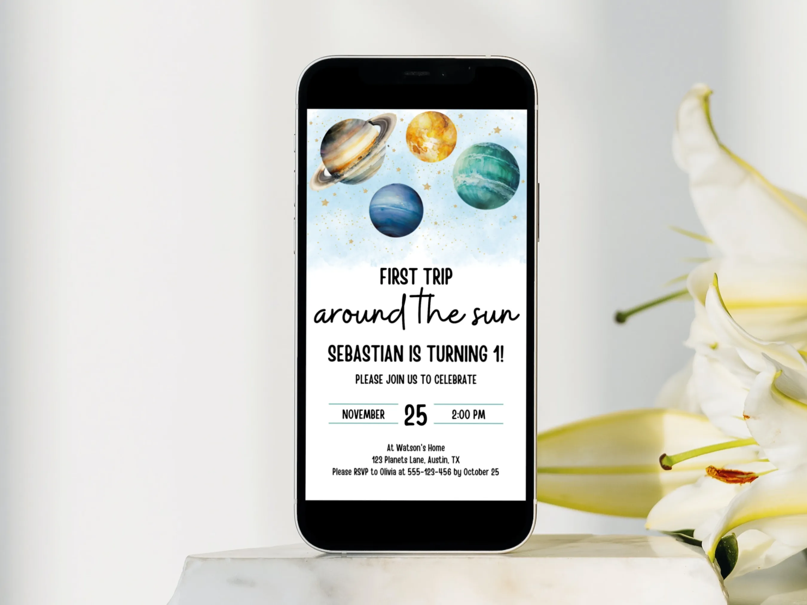 First Trip Around the Sun birthday mobile invitation with outer space theme, editable Canva template for digital evite, digital download.