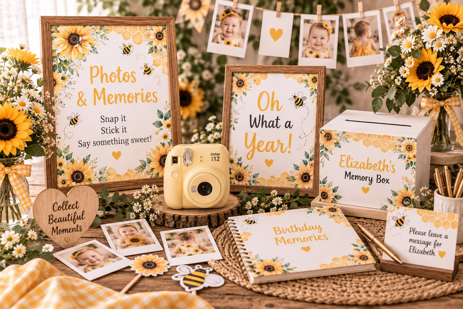 Sunflower and bee first birthday photo and memory station with instant camera, birthday photos, memory book and coordinated decorations