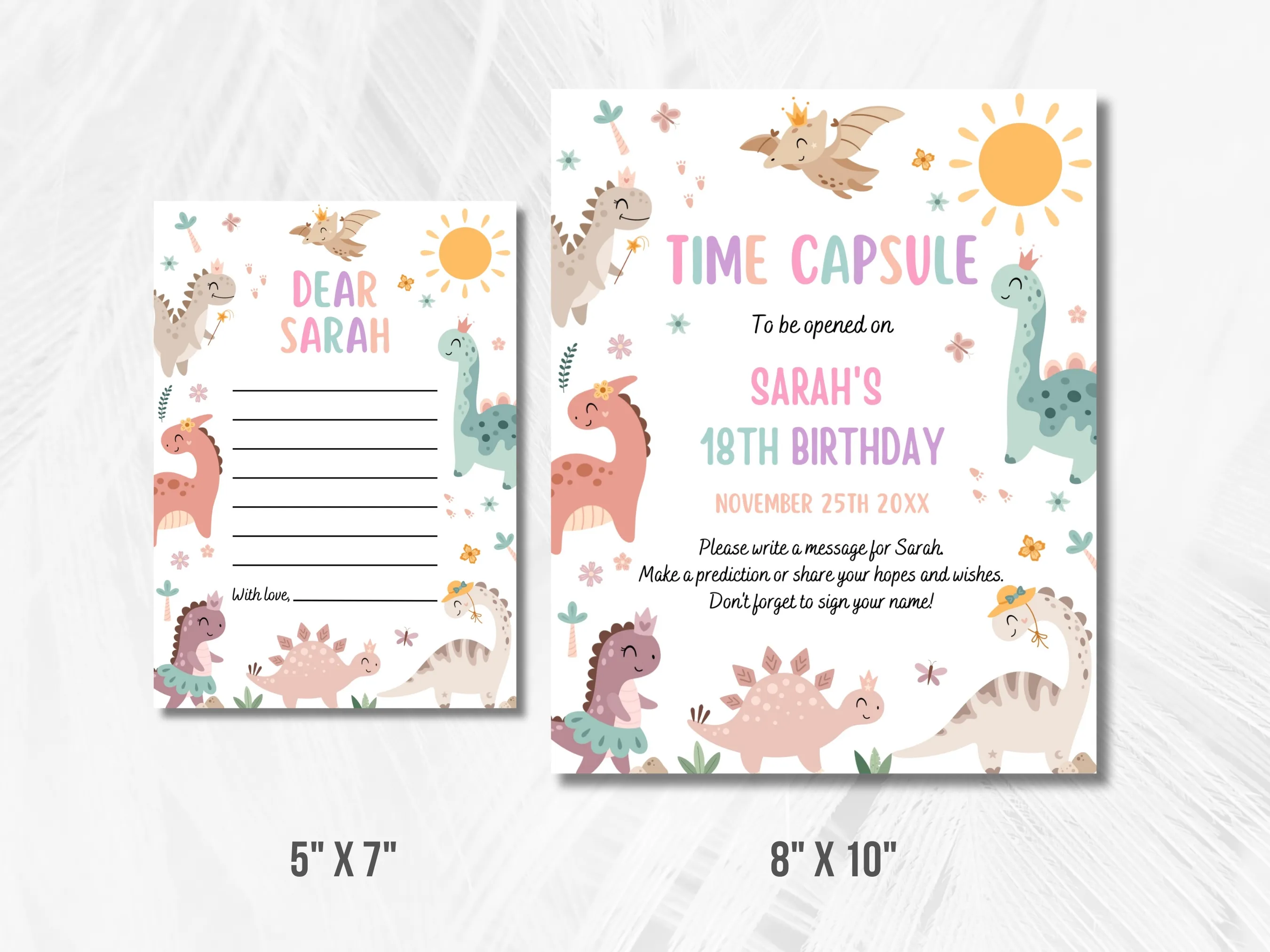 Pink Baby Dinosaur Birthday Time Capsule Sign & Wishes Card | Girl Dinosaur 1st Birthday Guest Book | Editable Canva Template | Digital Download