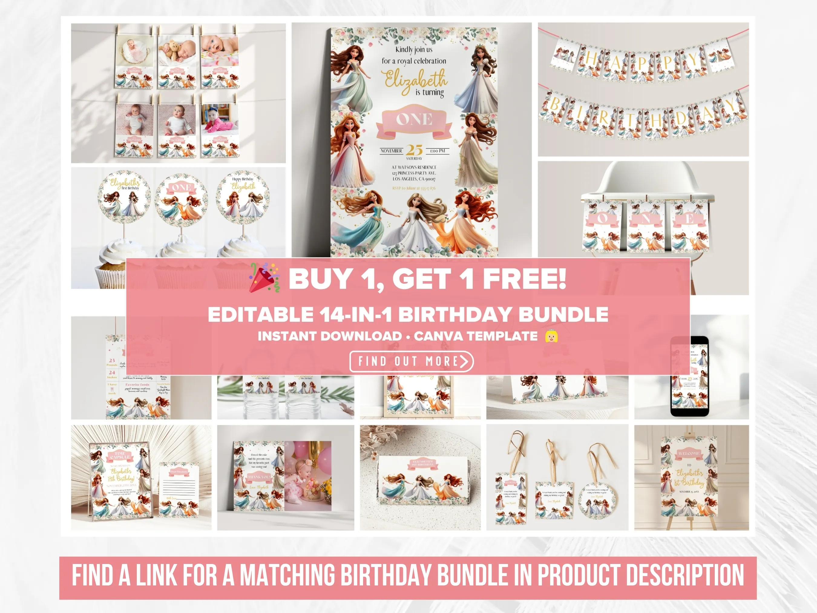 Princess Birthday Evite | Royal Floral Theme Mobile Invitation | Editable Canva Template | Digital Download