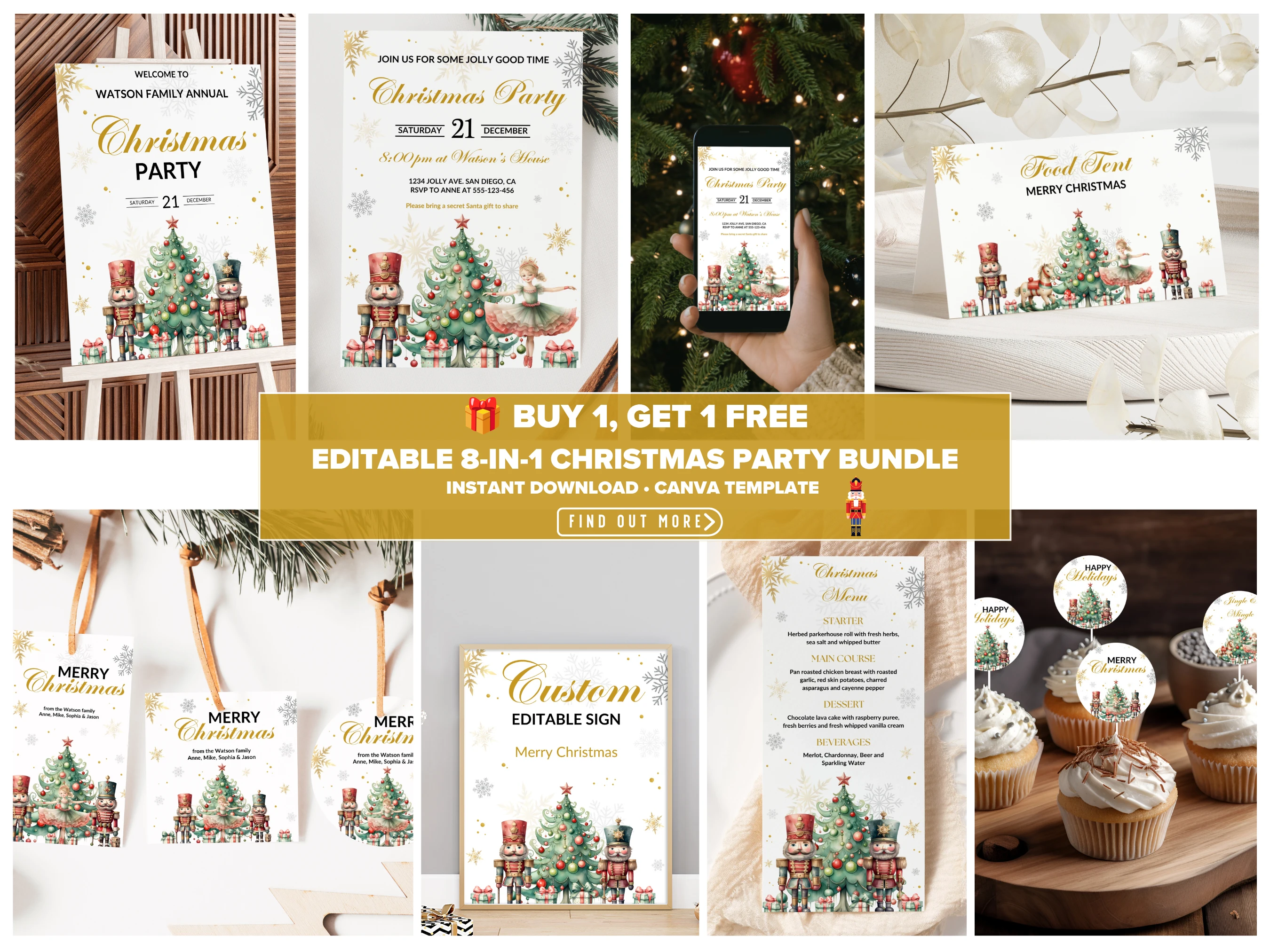 Nutcracker Christmas party bundle with editable holiday dinner and festive party templates for Canva