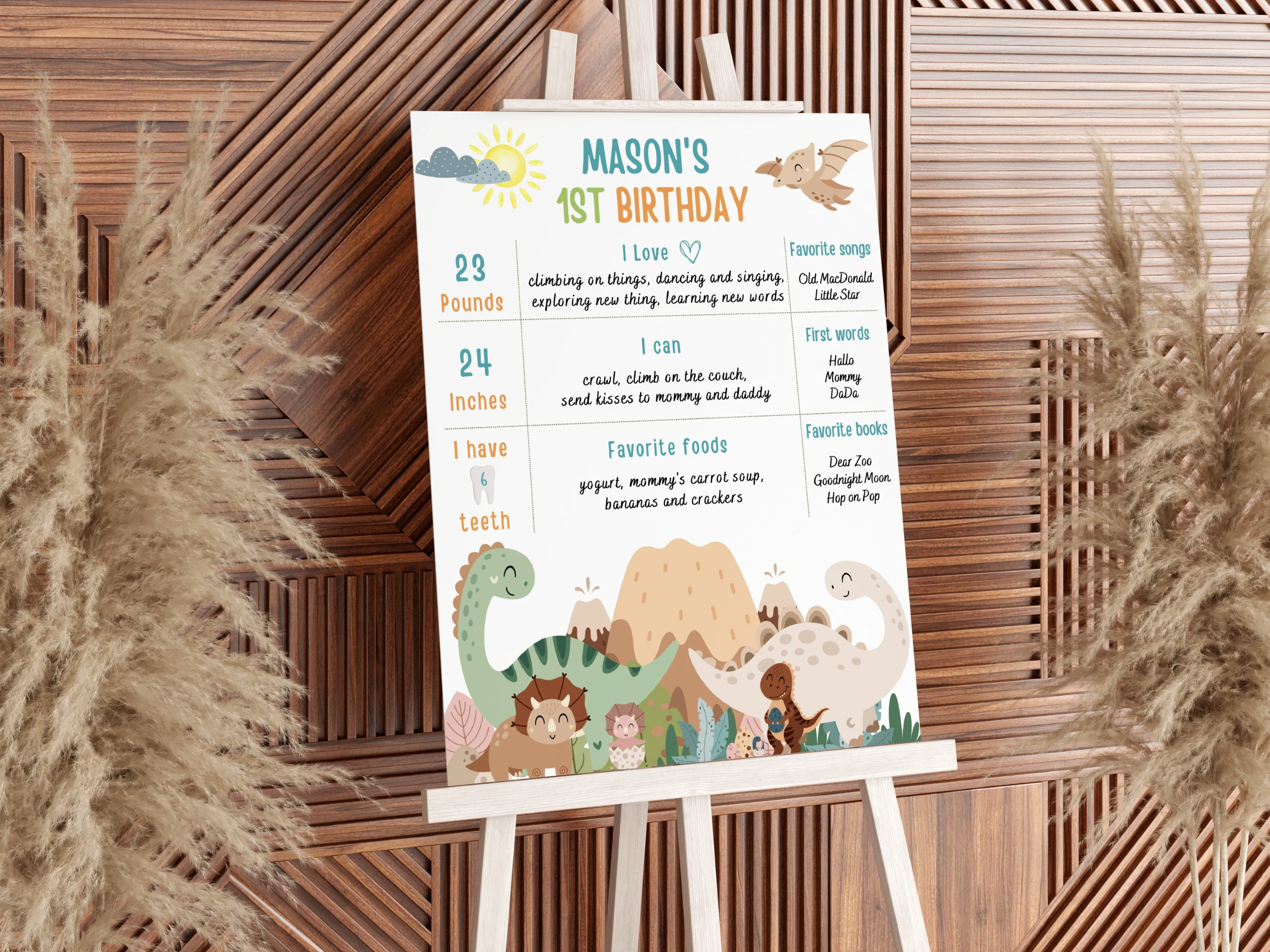 Boy Dinosaur Milestone Board | Dino Party Milestone Poster | Jurassic Baby Milestone Sign | 1st Birthday Party | Editable Canva Template | Digital Download