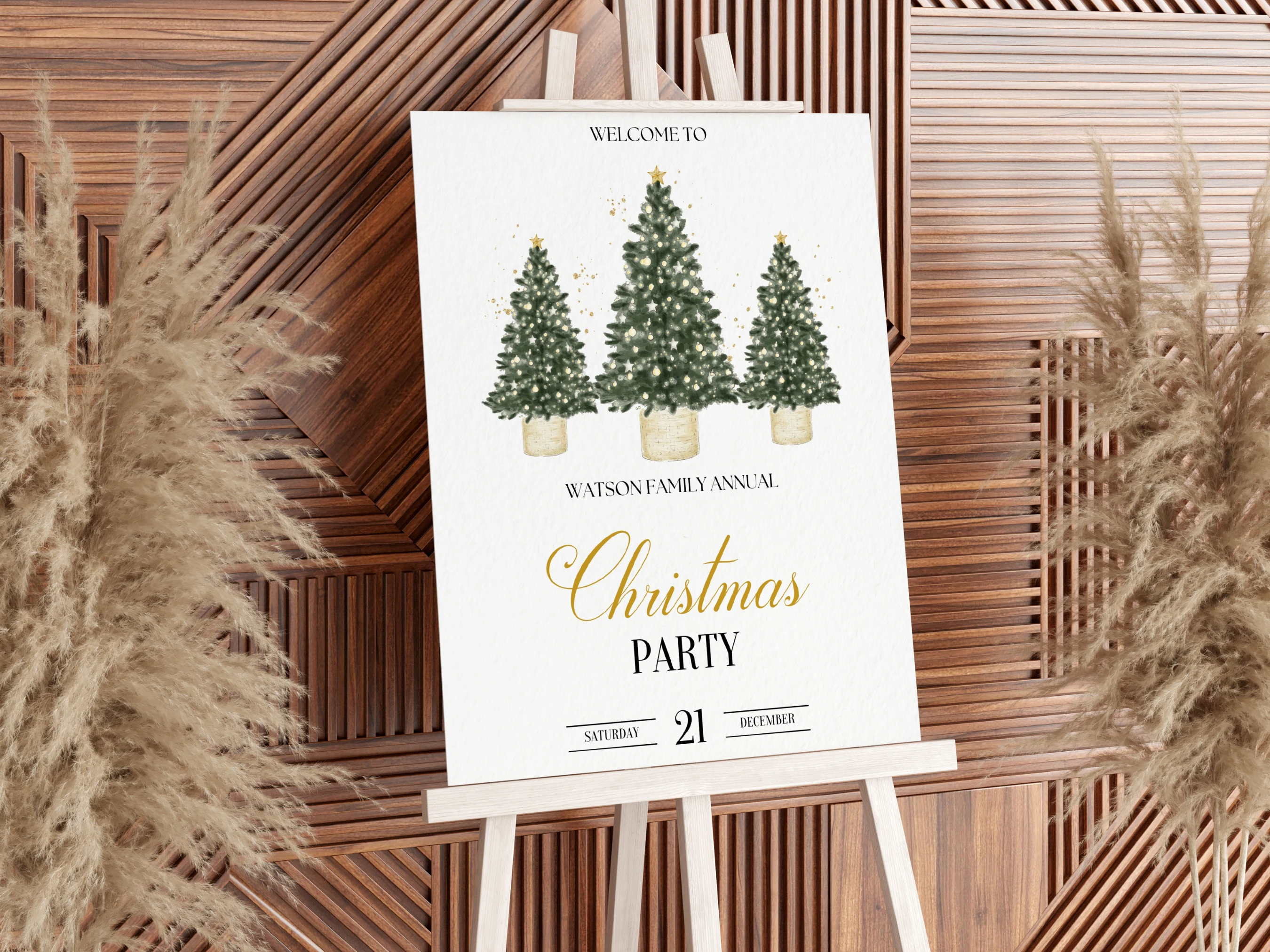 Green and Gold Christmas Tree welcome sign with three festive evergreen trees and golden glitter details, editable Canva Christmas dinner party decor in 18 × 24 and 24 × 36 inch sizes