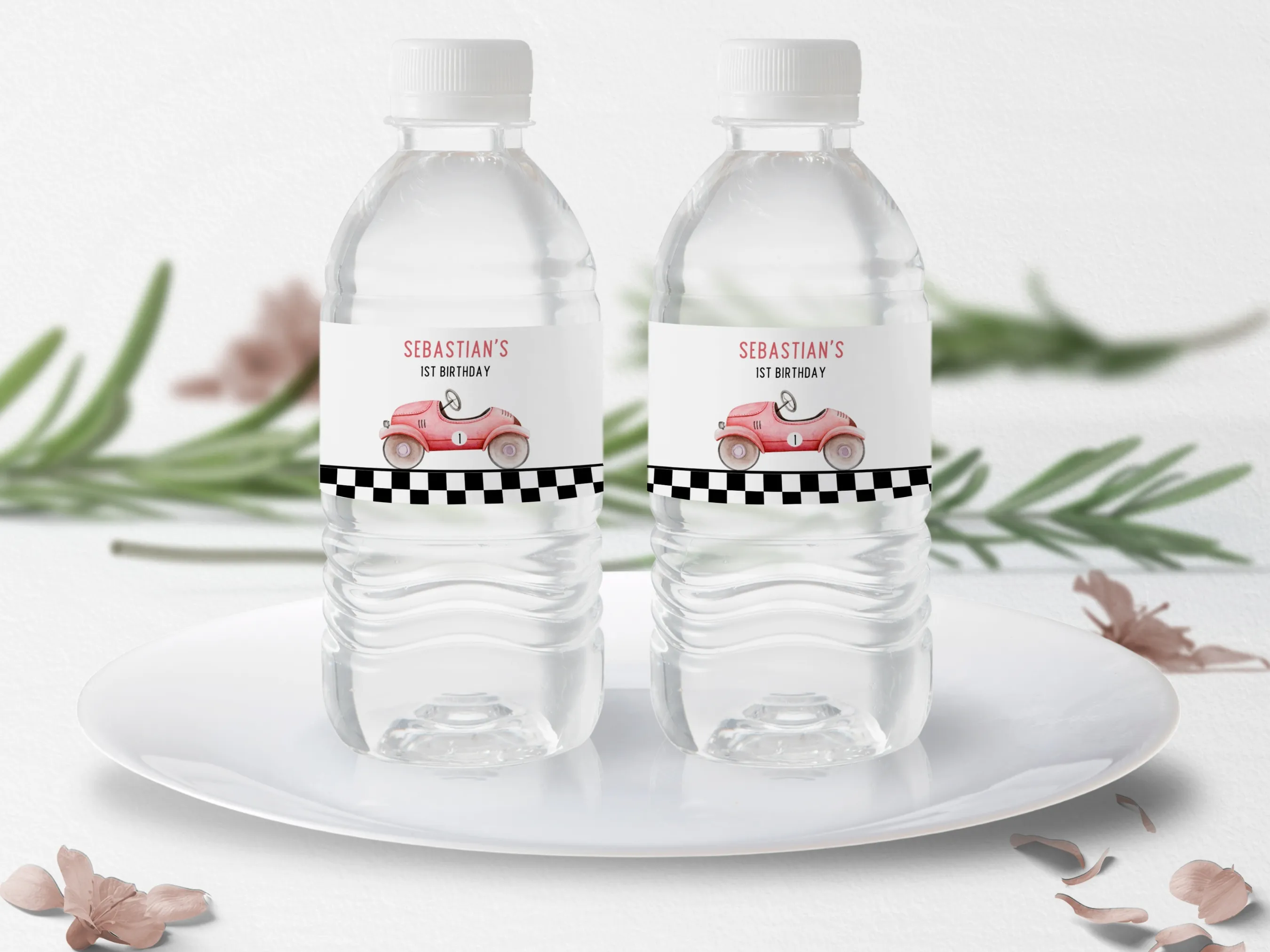 Fast One birthday water bottle labels with race car design, editable bottle wraps and racing bottle stickers by fllcdesigns