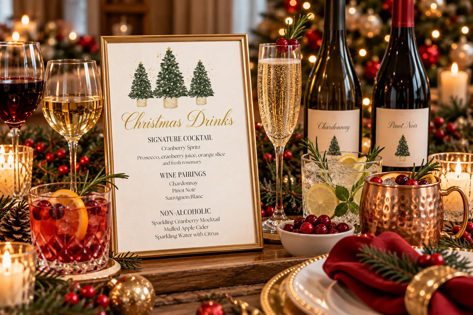Christmas drinks station with wine, sparkling wine, festive cocktails, mocktails, cider and holiday decorations