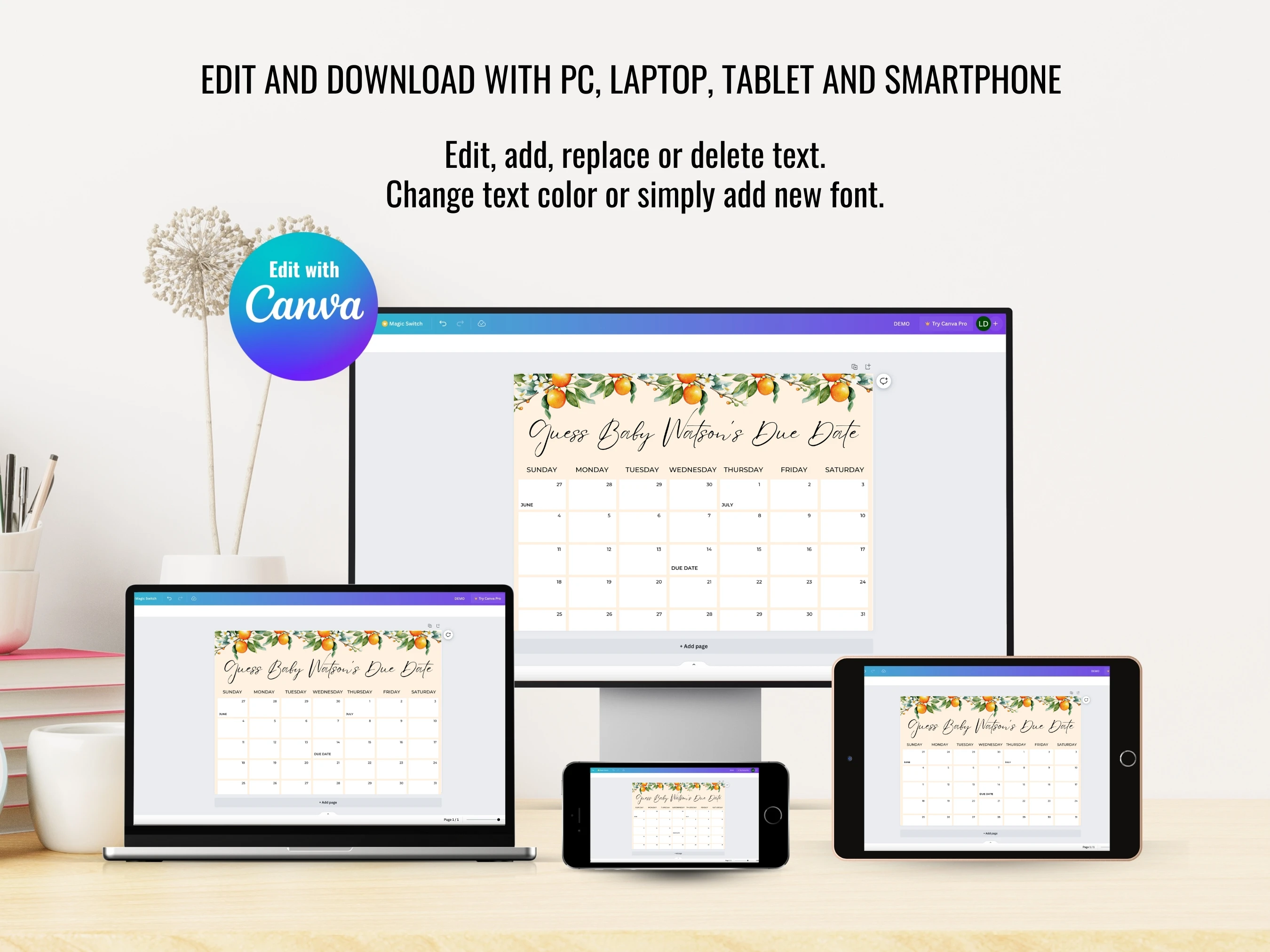 Little Cutie Baby Due Date Calendar | Orange Citrus Prediction Game | Spring Guess The Birthday For Baby Girl | Editable Canva Template | Digital Download