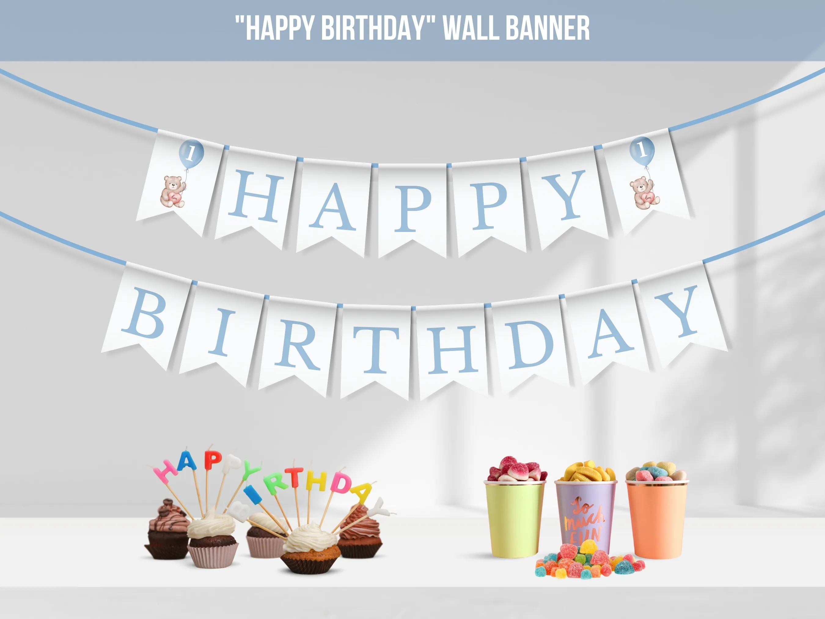 Cute teddy bear Happy Birthday banner for Beary First Birthday celebrations, customizable birthday bunting and wall banner, editable Canva template by fllcdesigns