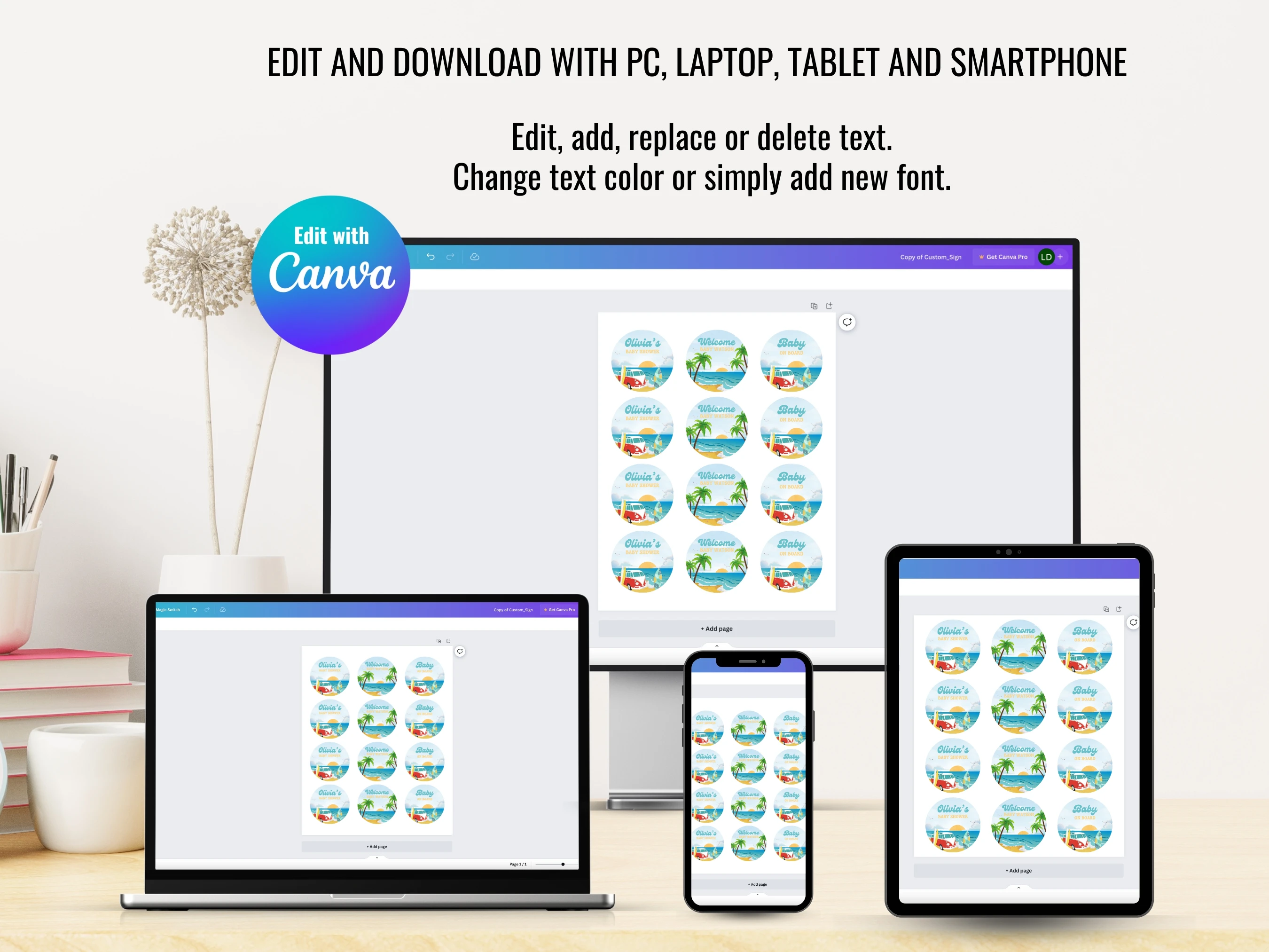 Surf Baby Shower Cupcake Toppers | Baby On Board Ocean Tropical Cake Topper | Editable Canva Template | Digital Download