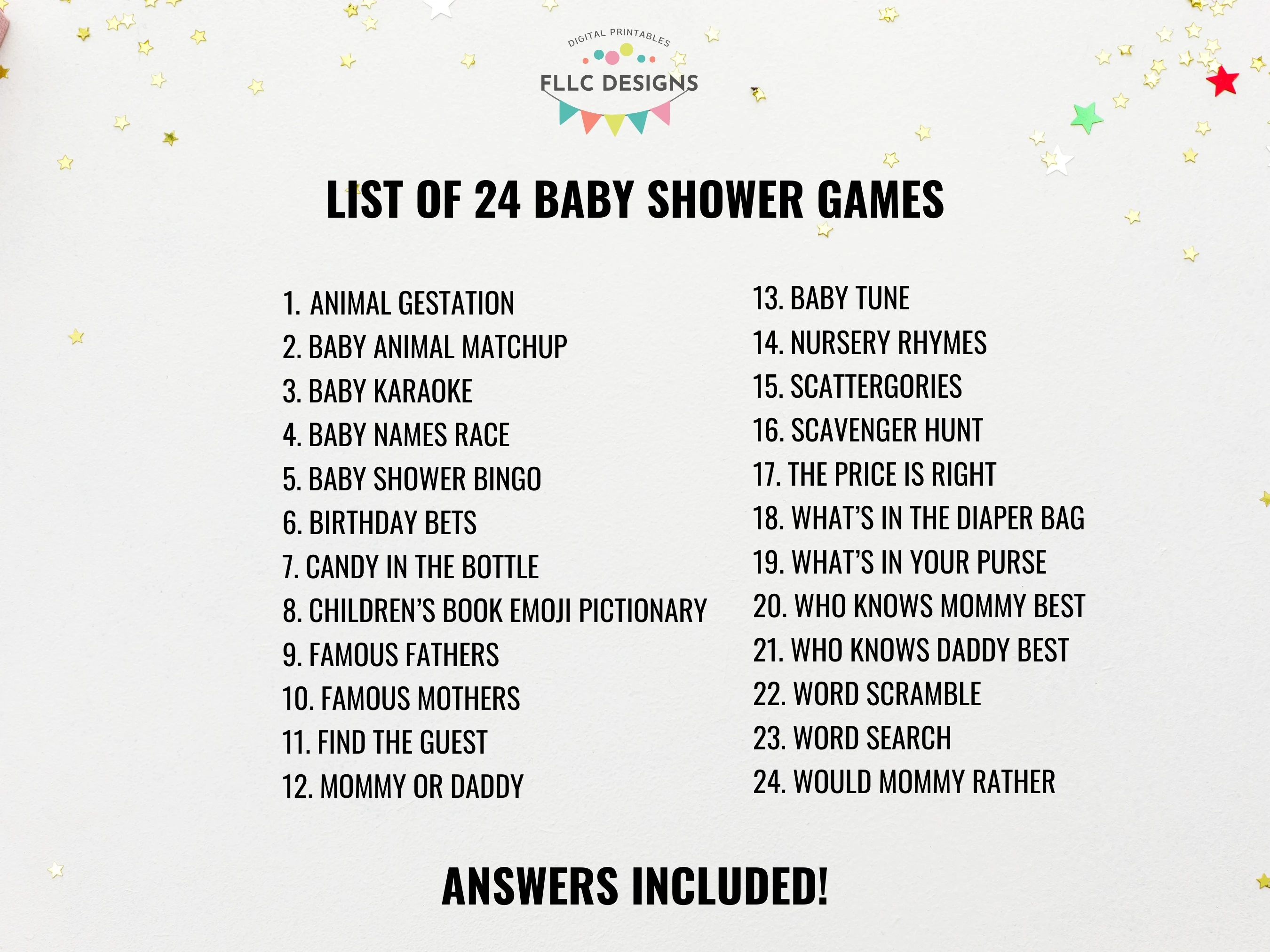 Printable baby shower games bundle including Baby Shower Bingo, Mommy or Daddy, Baby Karaoke, Nursery Rhymes and fun party activities for guests at baby shower celebration