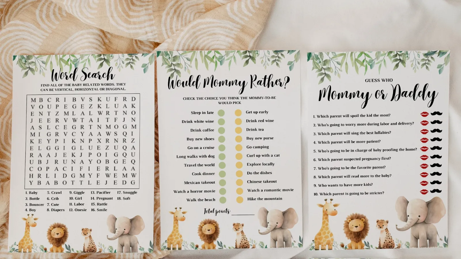 Baby shower games bundle with fun printable activities like Would You Rather, Mommy or Daddy, and Baby Shower Bingo, editable templates for party entertainment.