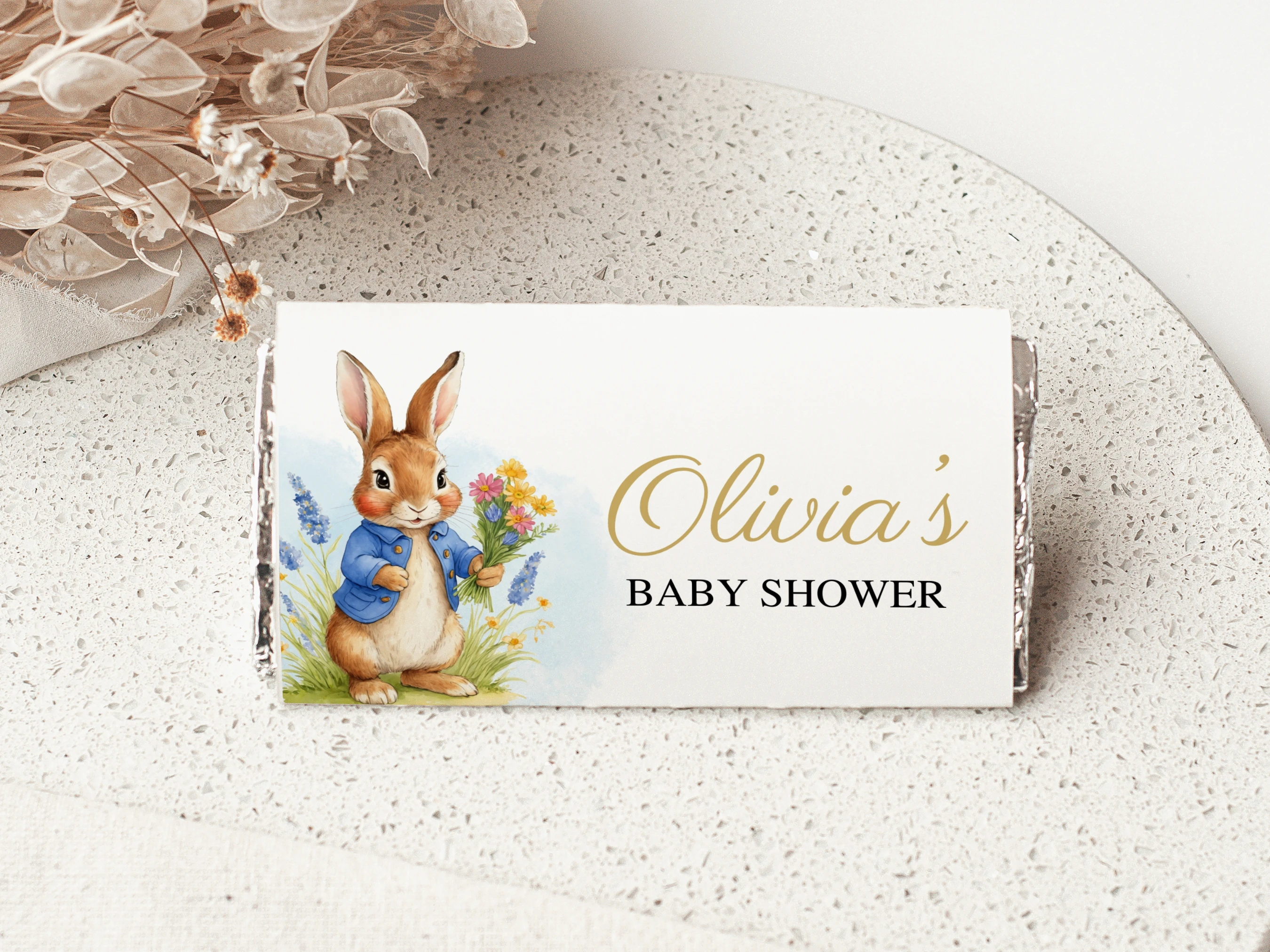 peter rabbit baby shower chocolate wrapper, flopsy bunny candy bar wrapper printable, spring greenery candy bar label, bunny baby shower chocolate wrapper, editable chocolate wrapper Canva