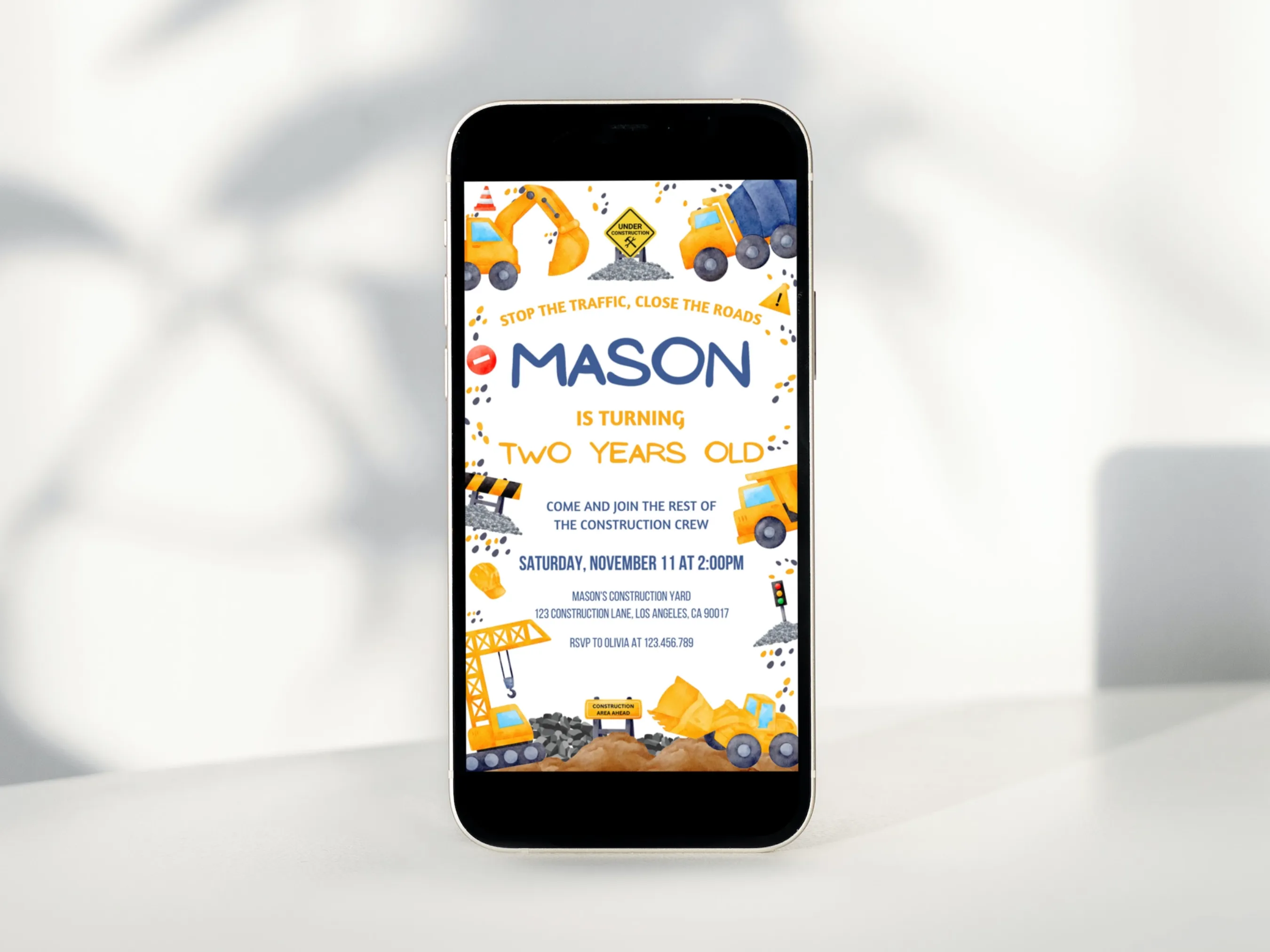 Construction Birthday Mobile Invitation | Excavator & Dump Truck Evite | Editable Canva Template | Digital Download