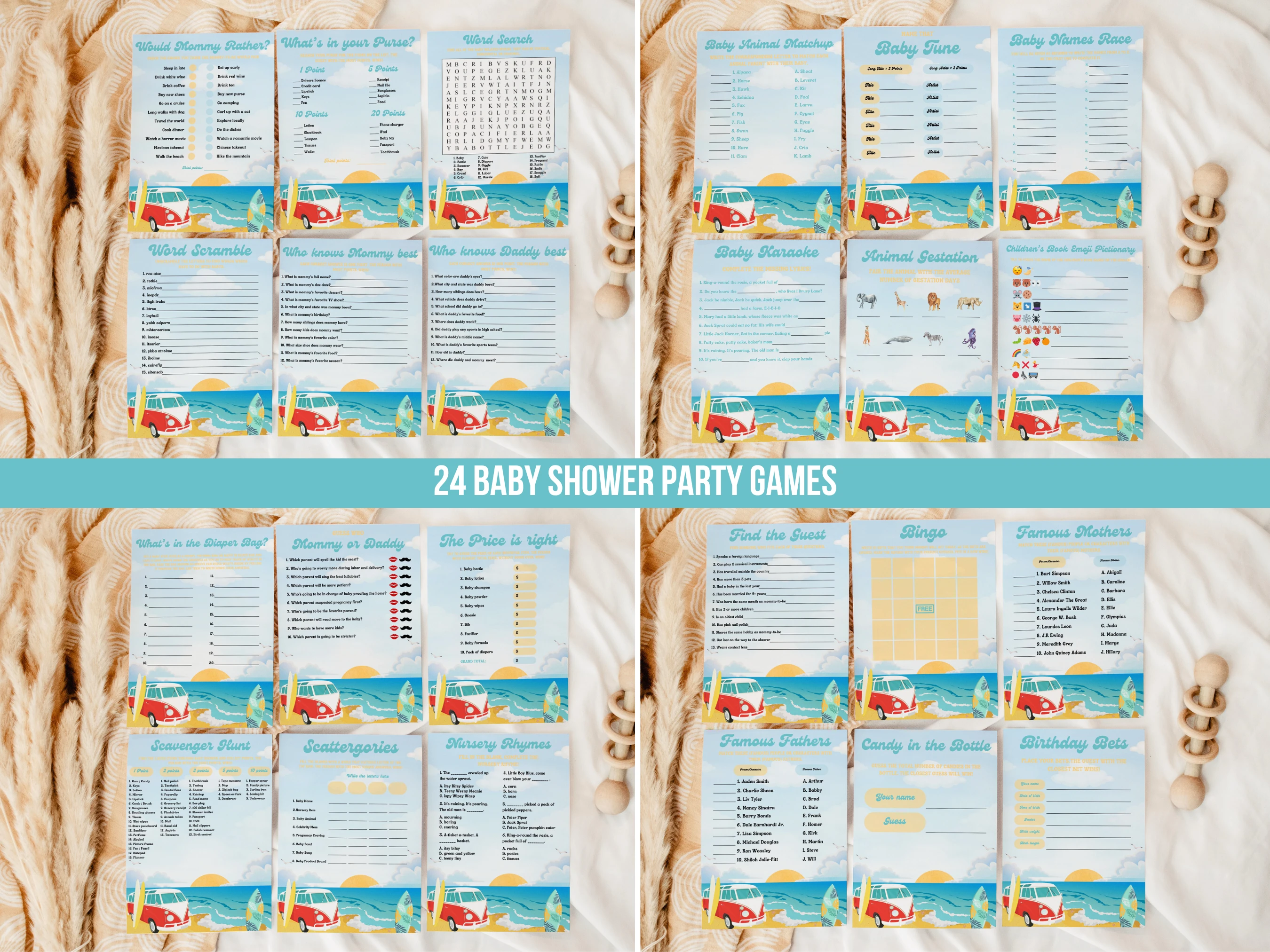 Baby On Board Baby Shower Games Bundle | Surf Baby Shower Bingo Printable Games | Beach And Ocean Baby Shower Party Games | Editable Canva Template | Digital Download
