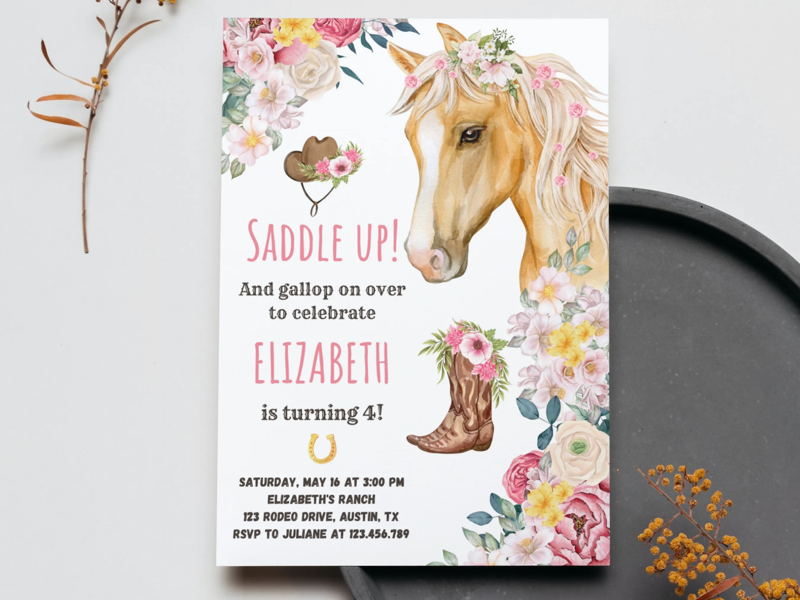 Horse Birthday Invitation | Floral Cowgirl Party Theme | Editable Canva Template | Digital Download