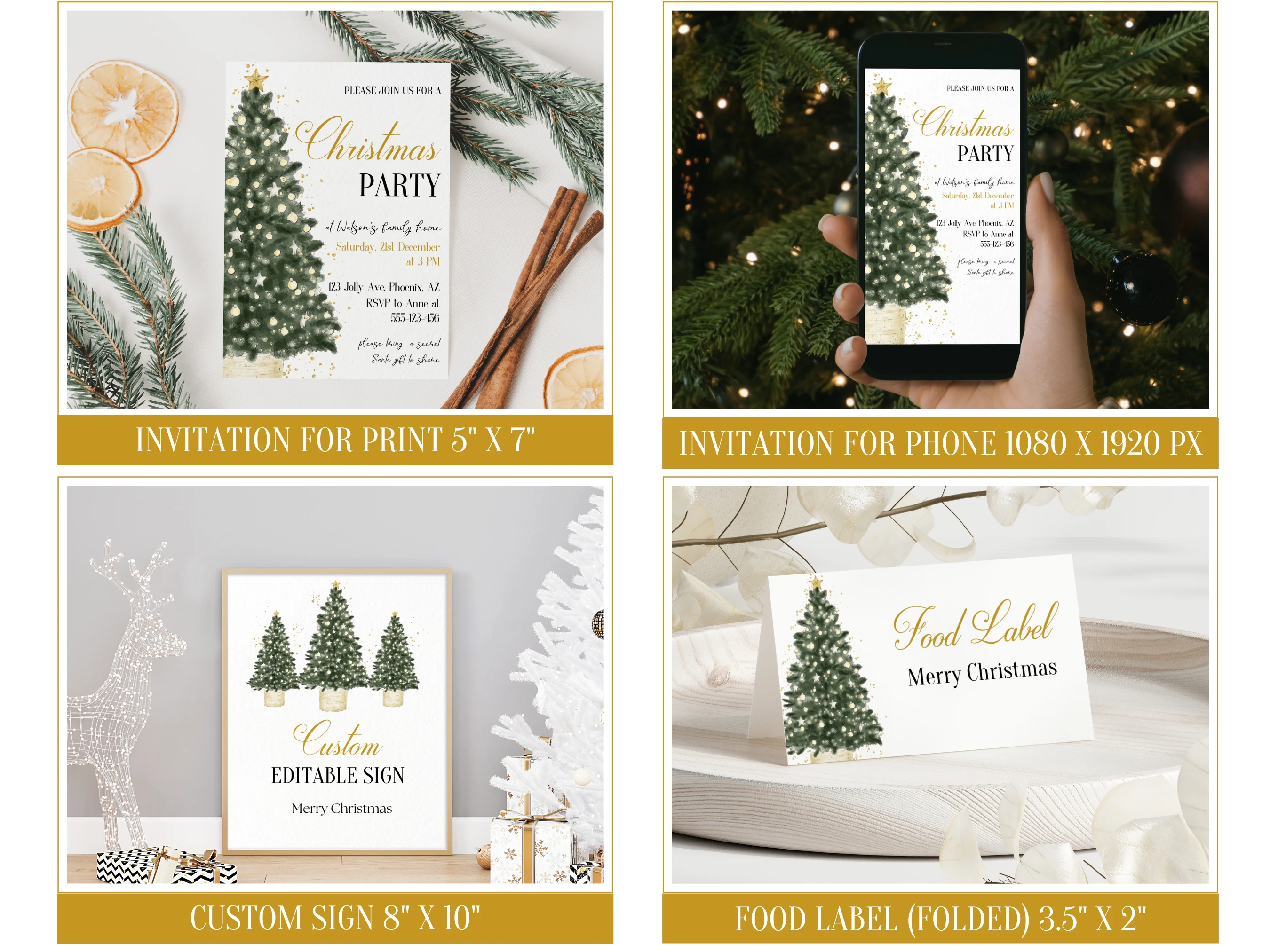 Elegant Christmas Tree Party Bundle | Gold Holiday Dinner Invitation Kit | Editable Canva Template | Digital Download