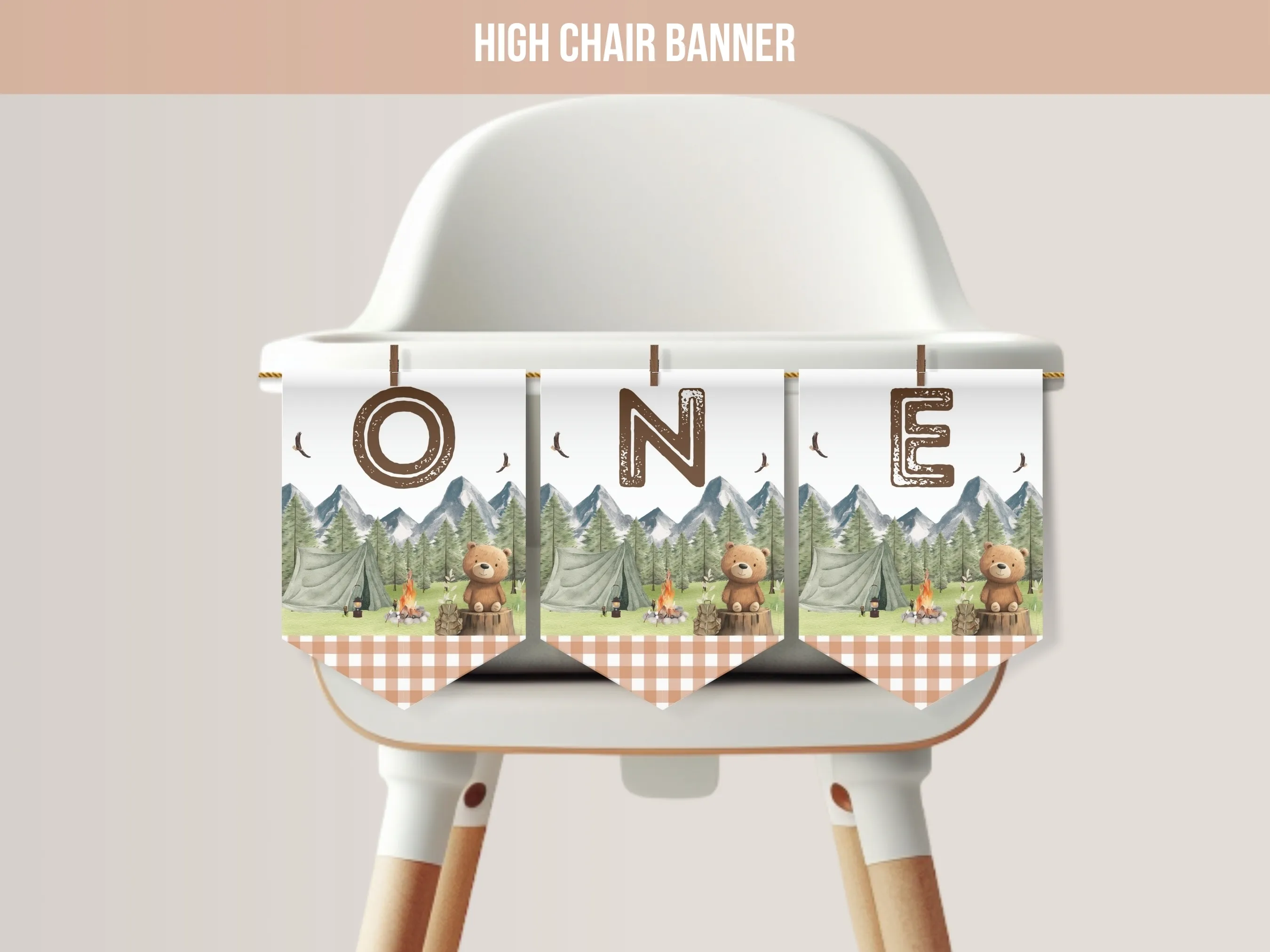 One Happy Camper high chair banner with woodland theme and ONE lettering for a first birthday, editable Canva template digital download by fllcdesigns