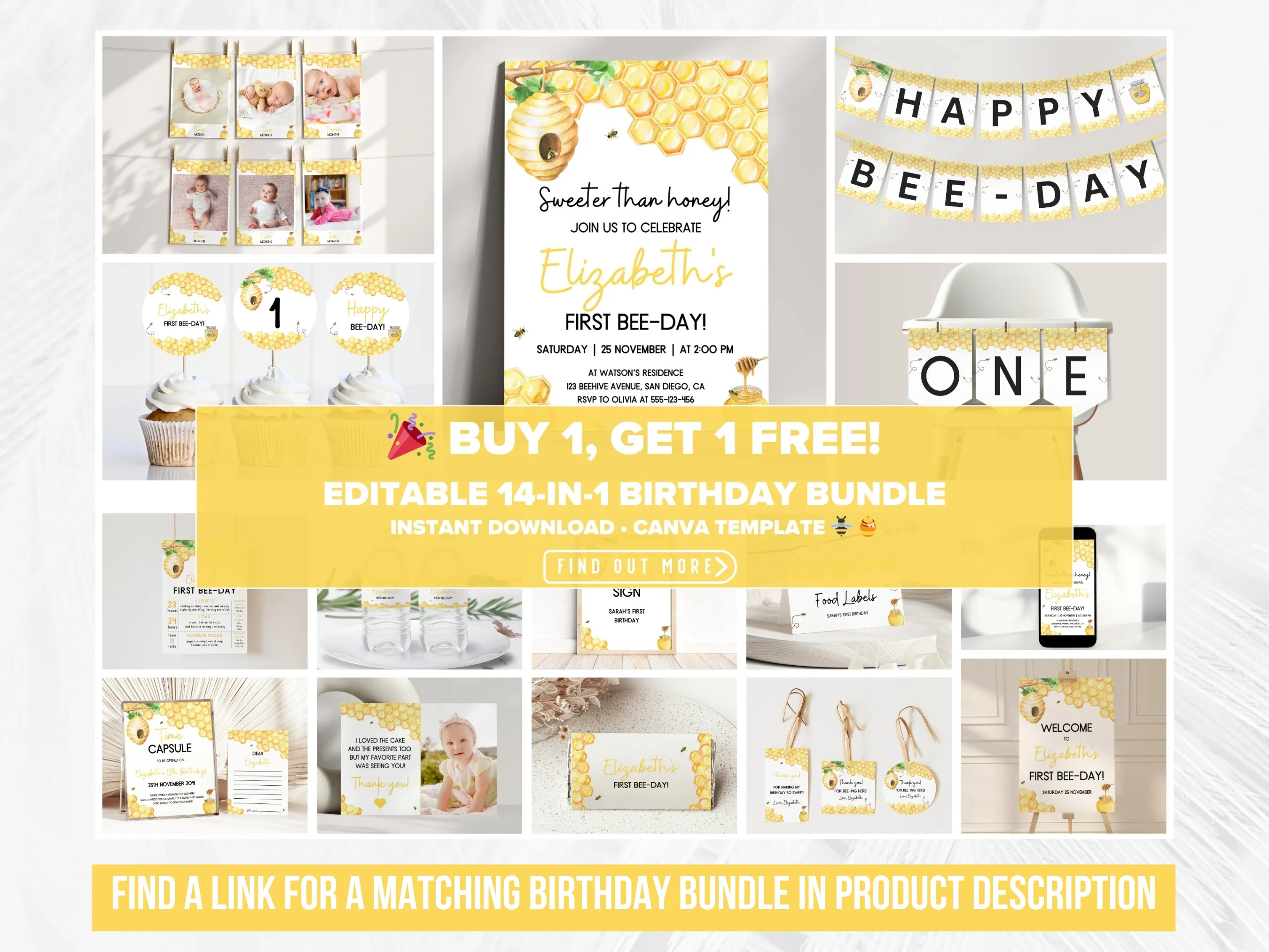 First Bee Day Mobile Invitation | Bumble Bee Birthday Evite | Editable Canva Template | Digital Download