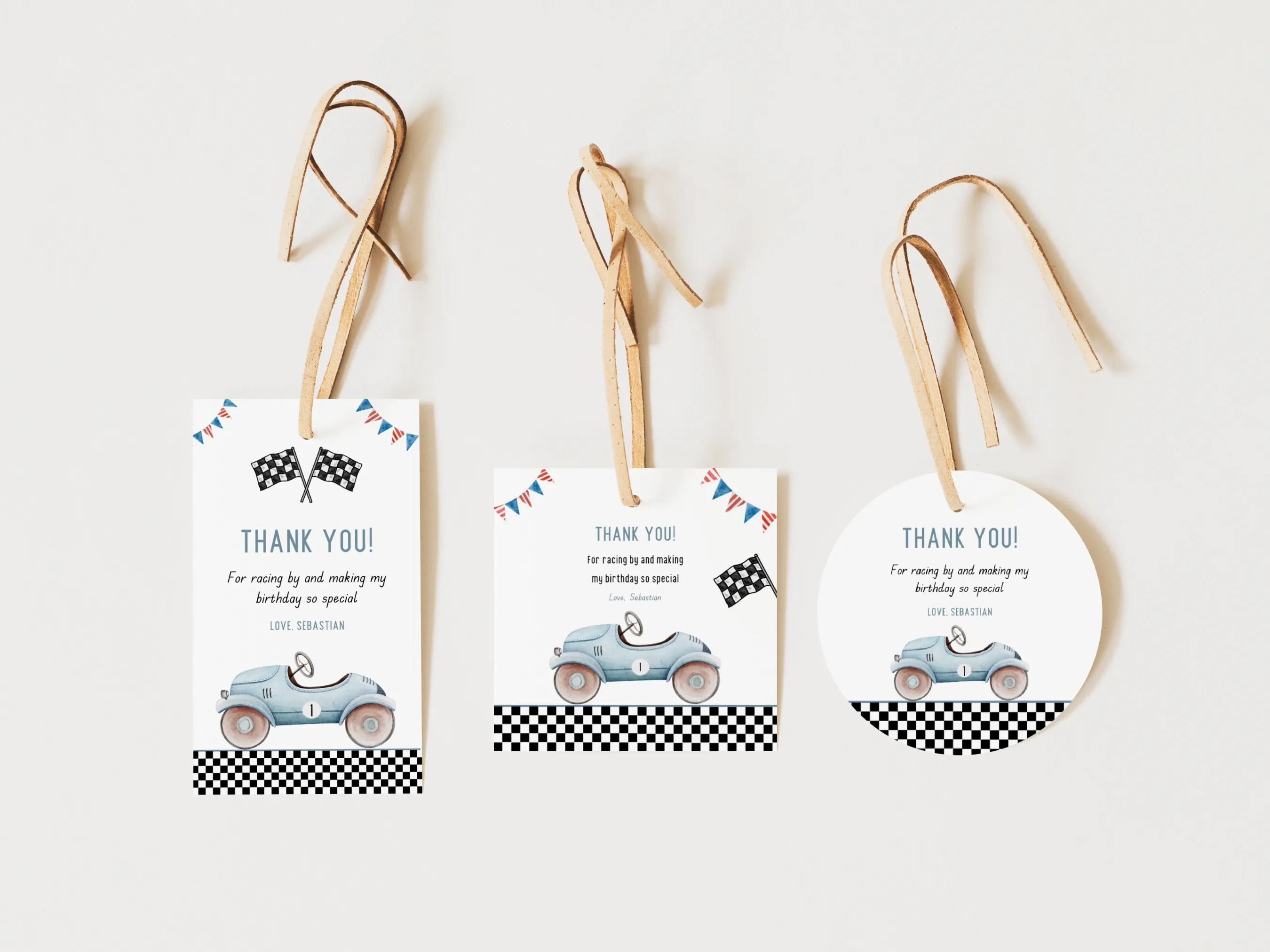 Fast One birthday thank you tags with vintage race car design, red and retro racing theme, editable Canva template by fllcdesigns