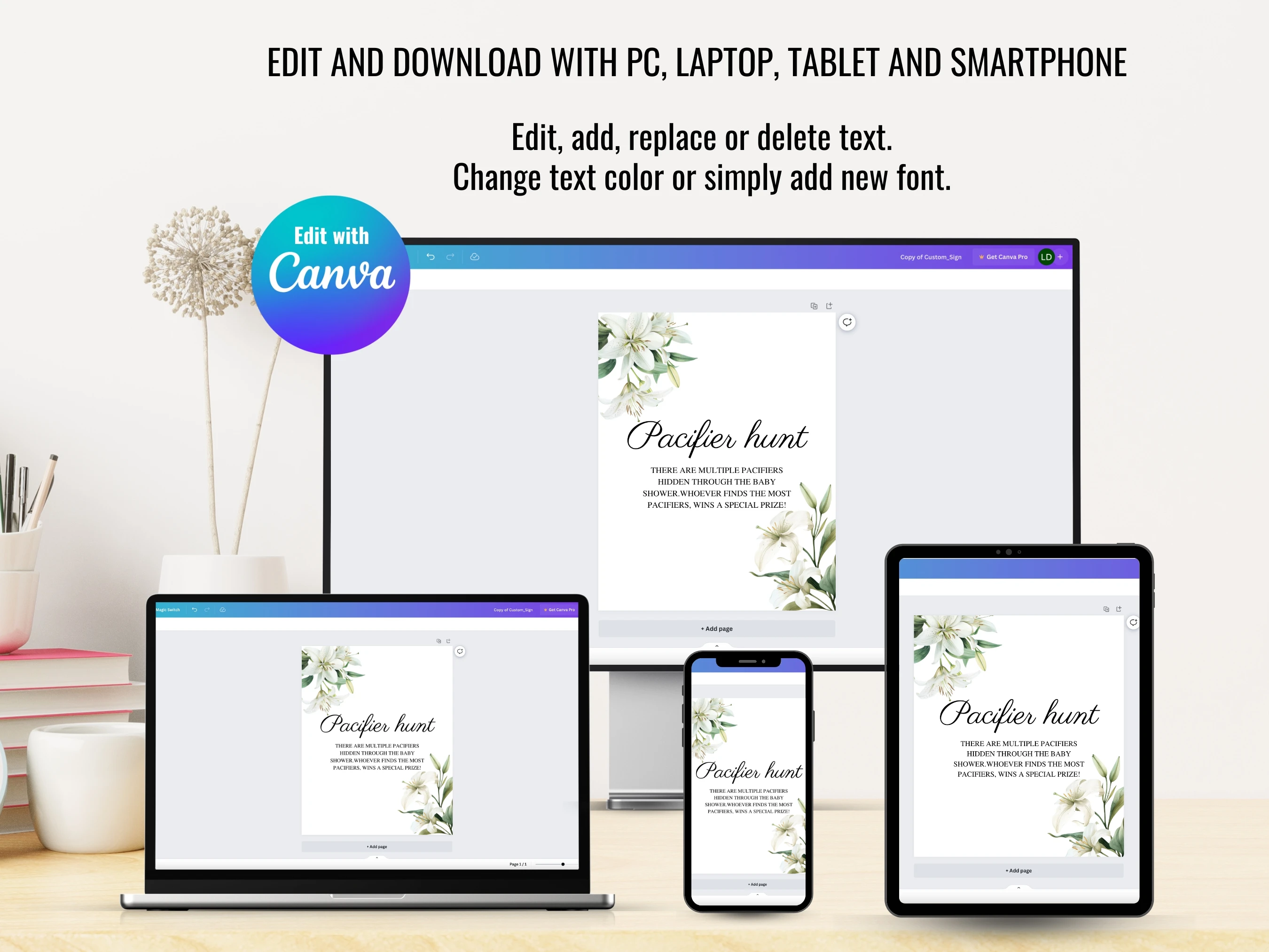 Baby In Bloom Baby Shower Table Signs | Wildflower Late Night Diapers | Pacifier Hunt Sign | Editable Canva Template | Digital Download