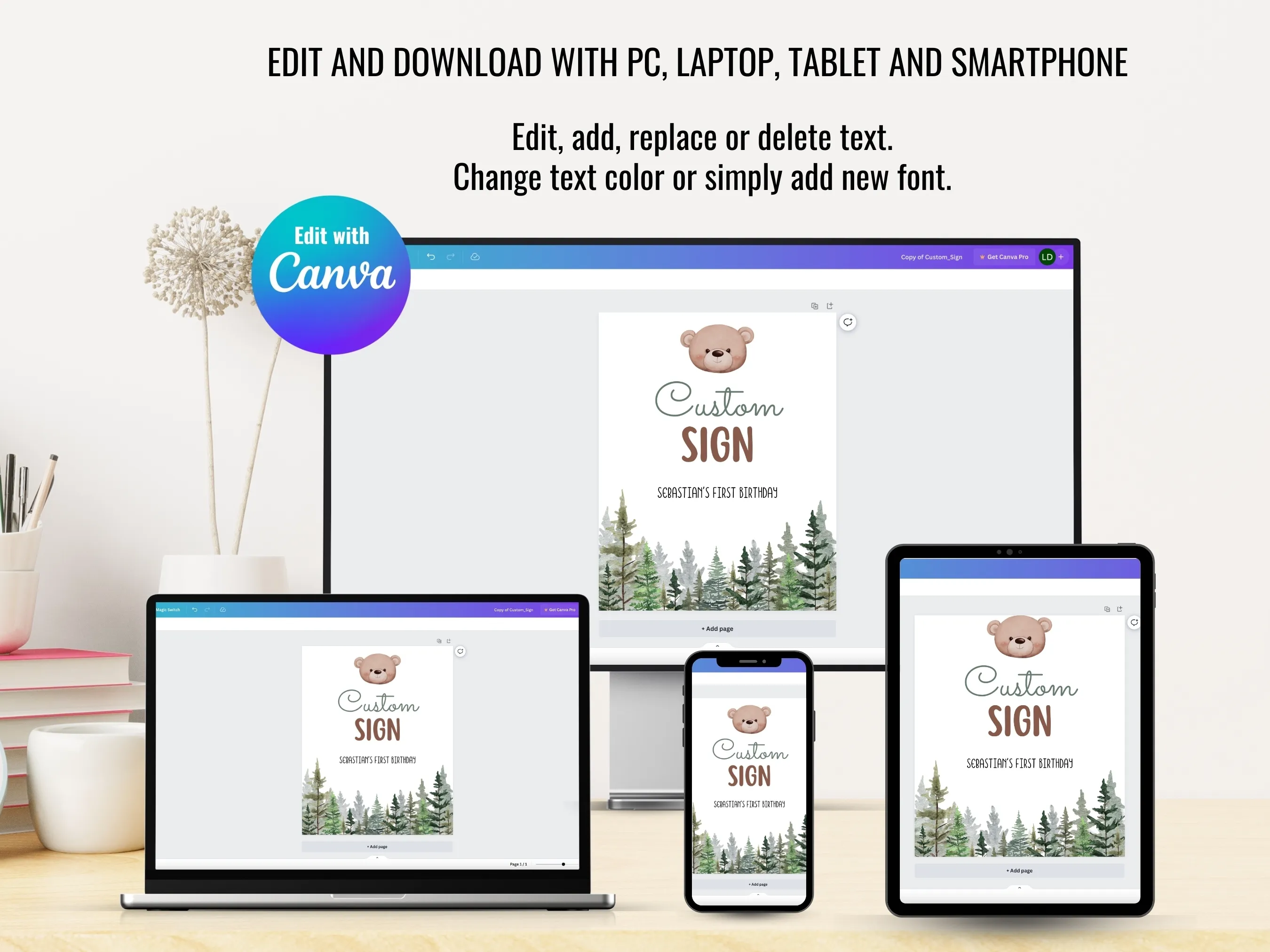 Brown Bear Party Gift Table Sign | Woodland Birthday Party Cookie Table Sign | Birthday Cards & Gifts Sign | Editable Canva Template | Digital Download