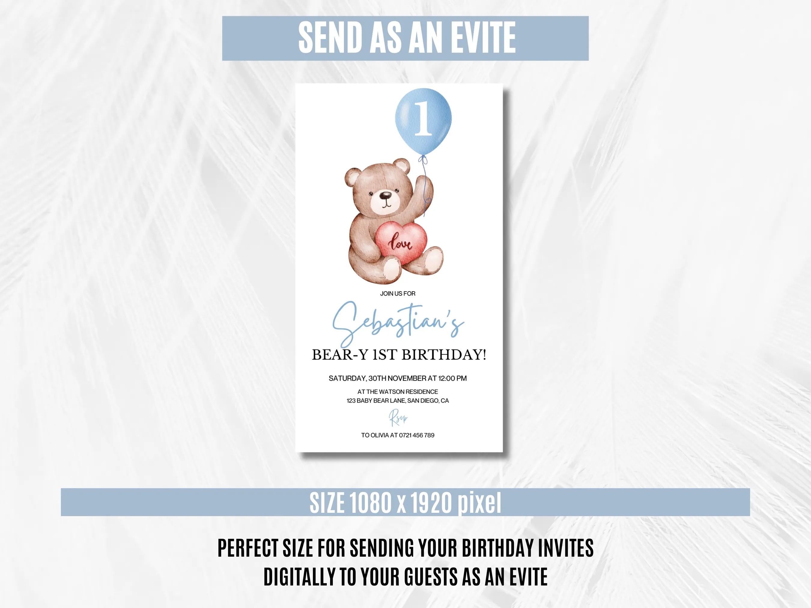 Teddy Bear 1st Birthday Mobile Invitation | Beary First Birthday Evite | Cute Teddy Bear Party | Editable Canva Template | Digital Download