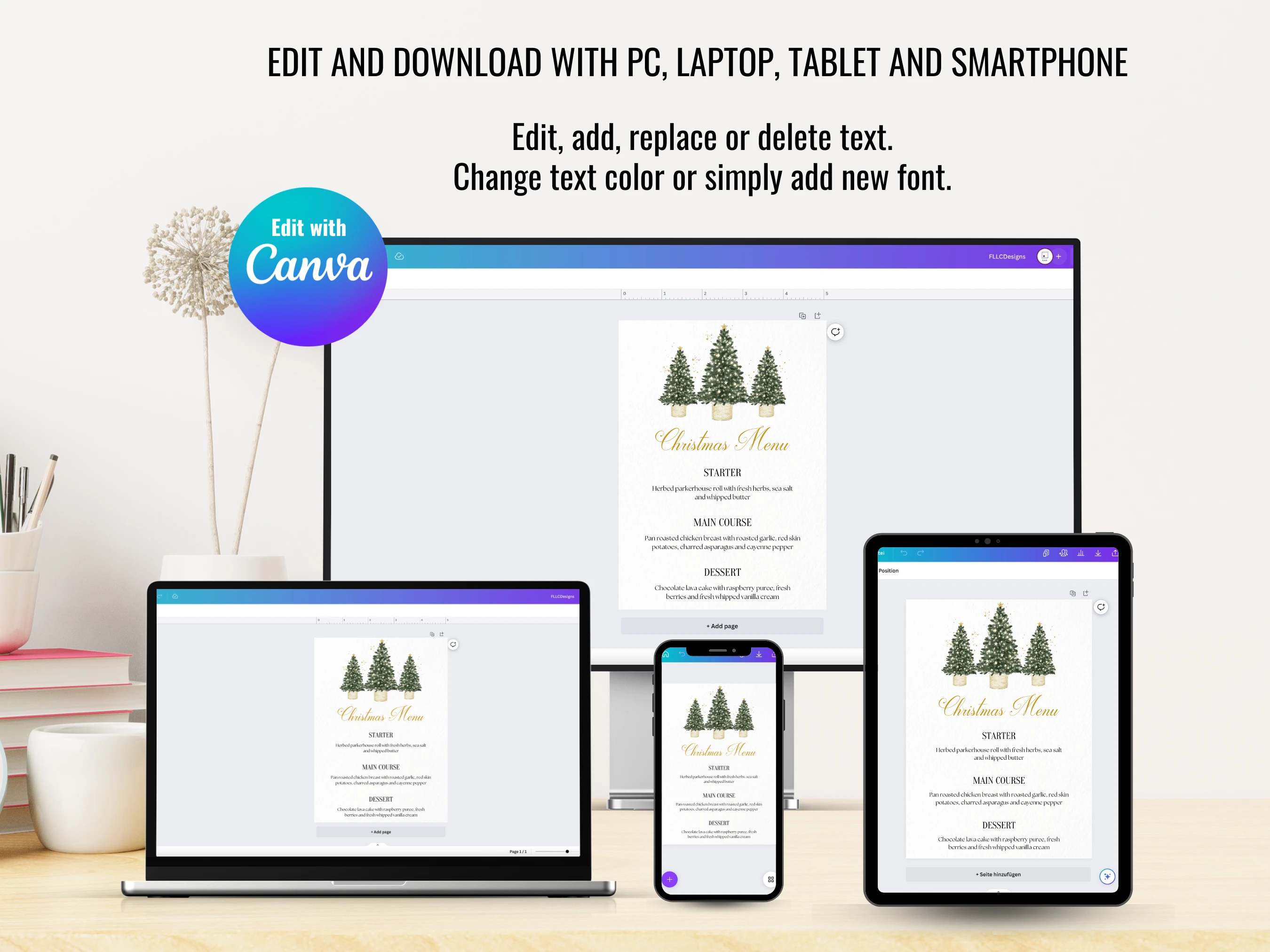 Green & Gold Christmas Tree Dinner Menu | 5x7 Holiday Table Card | Editable Canva Template | Digital Download
