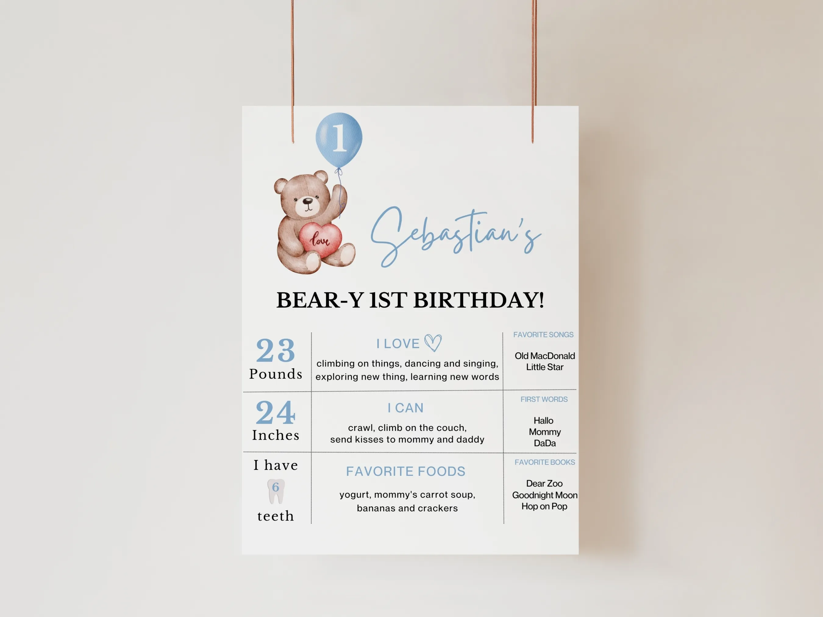 Teddy bear birthday milestone board and baby milestone sign with beary theme for a first birthday, editable Canva template digital download by fllcdesigns