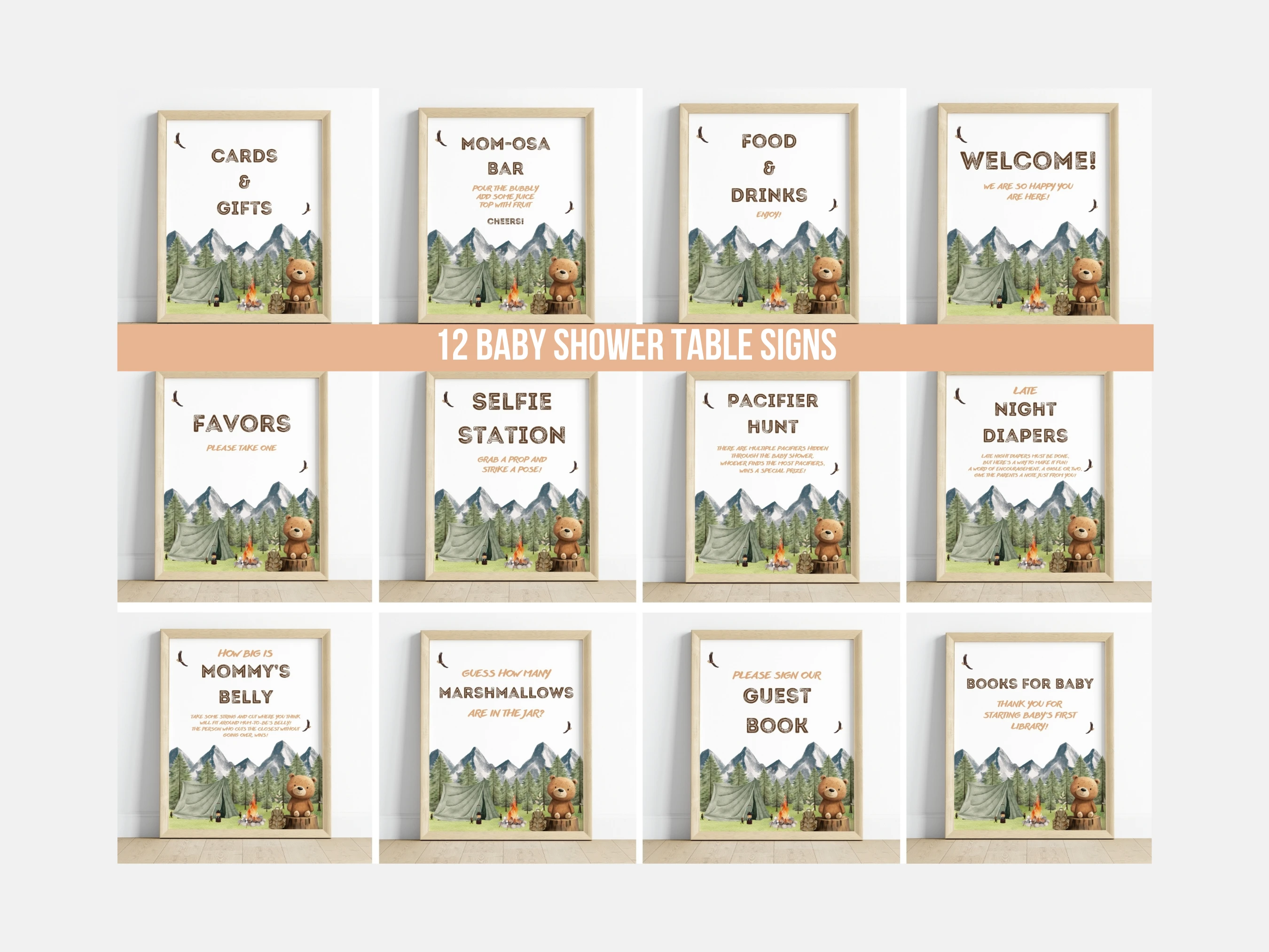 little camper baby shower table sign printable, adventure awaits baby shower pacifier hunt sign, woodland camping baby shower diaper raffle sign, little camper late night diapers baby shower sign, editable baby shower sign Canva