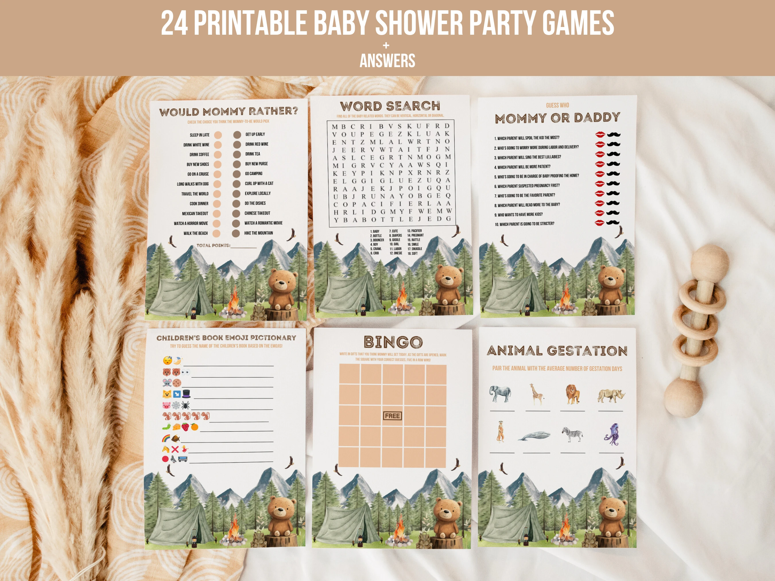 little camper baby shower games bundle, baby shower bingo printable games, adventure awaits woodland baby shower games, 24 printable baby shower games bundle, editable baby shower games Canva