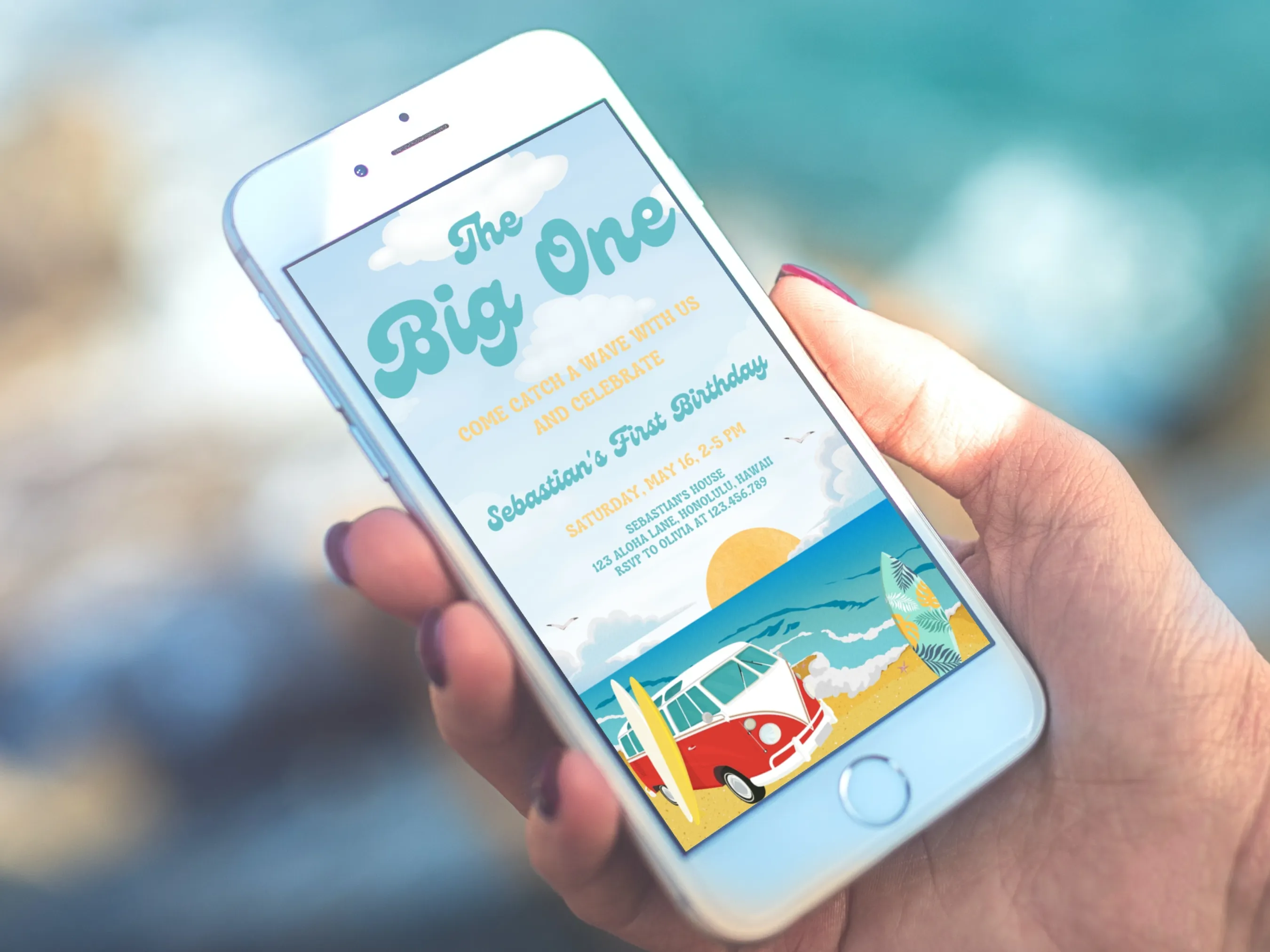 The Big One Birthday Mobile Invitation | Surf Beach Party Evite | Editable Canva Template | Digital Download