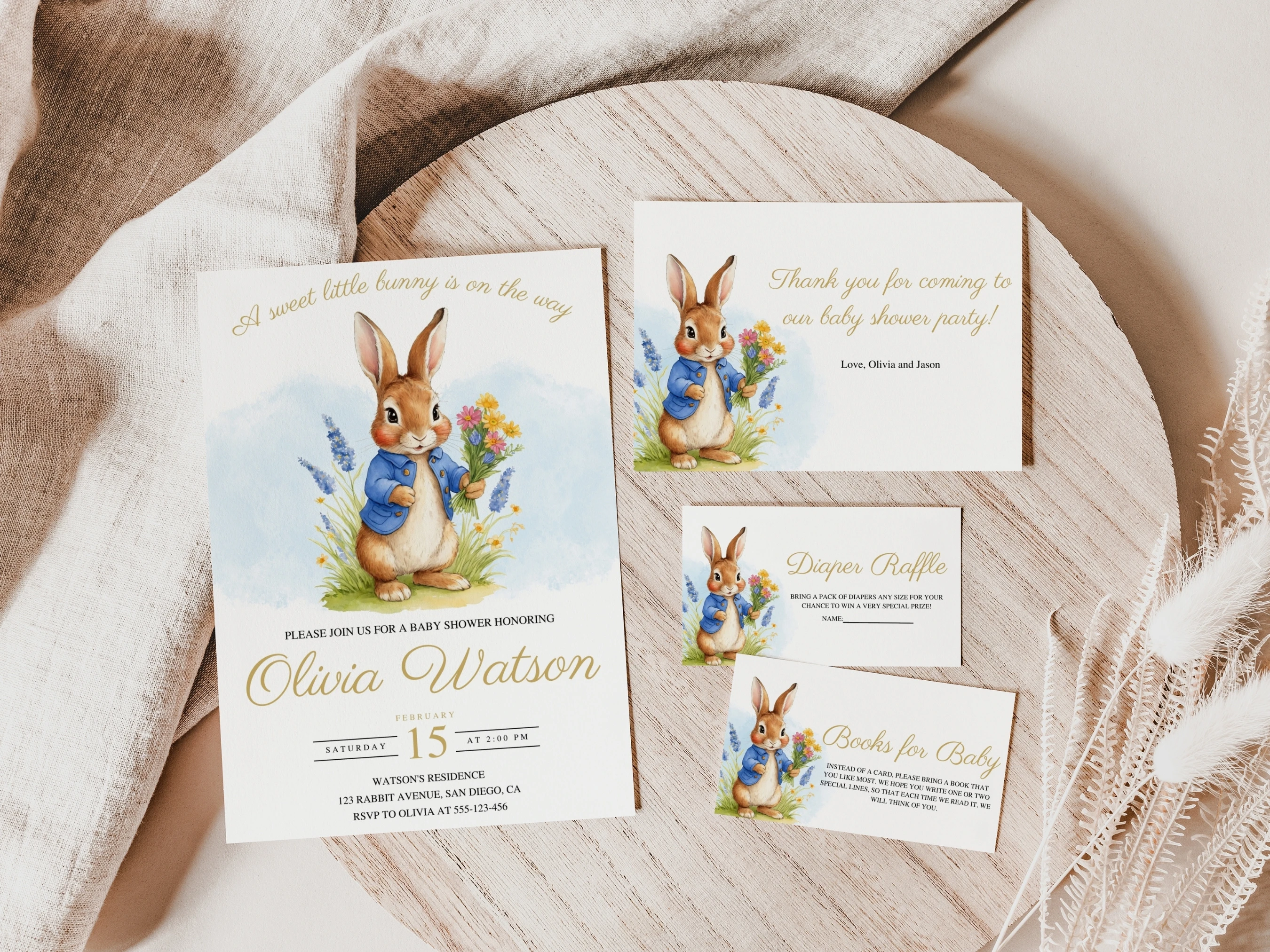 peter rabbit baby shower invitation set flopsy bunny spring starter pack invite thank you cards diaper raffle books for baby canva template digital download, flopsy bunny baby shower invitation bundle