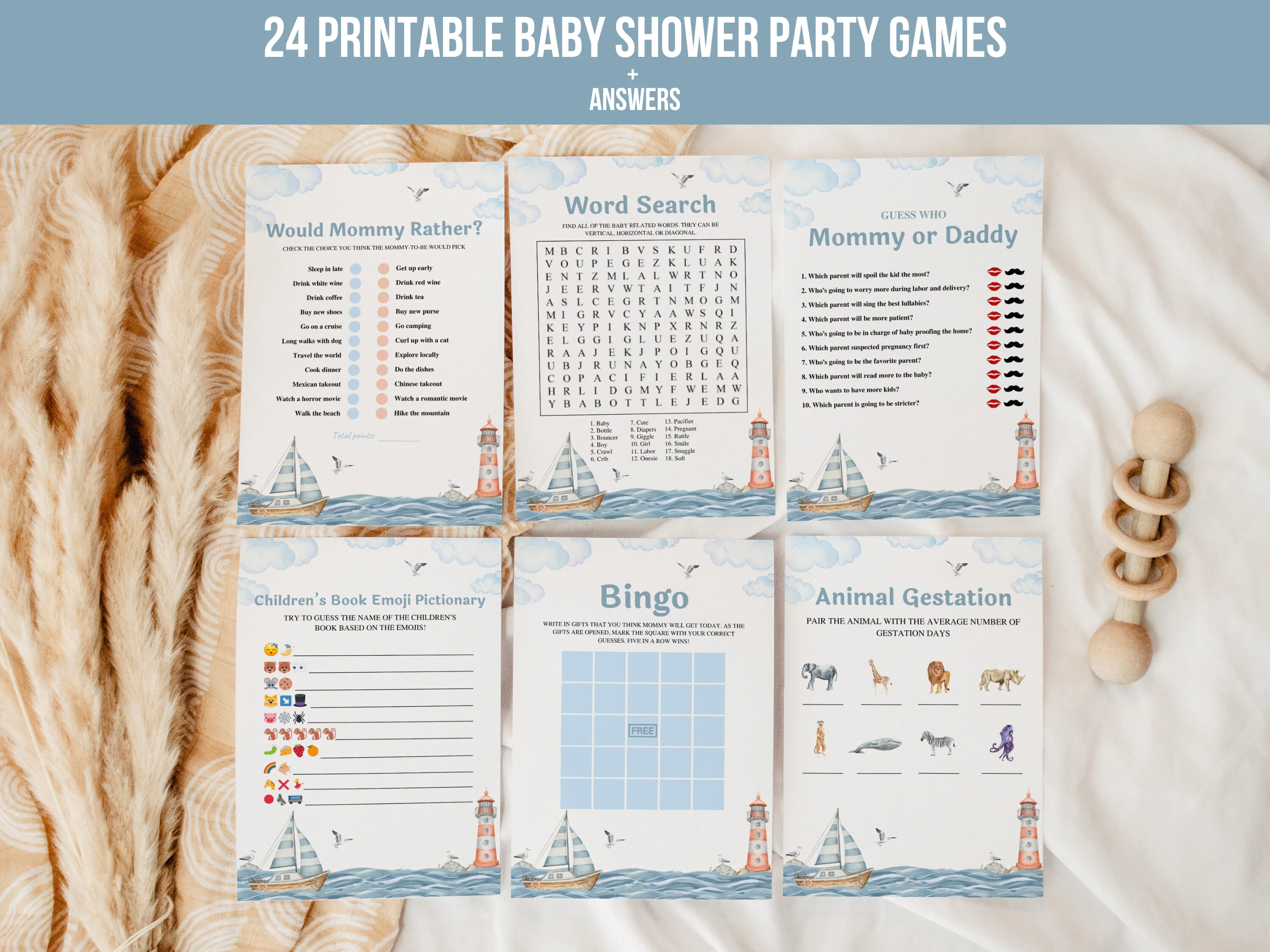 ahoy it's a boy baby shower games bundle, nautical baby shower bingo printable games, 24 printable baby shower games bundle, sailboat ocean baby shower games, editable baby shower games Canva