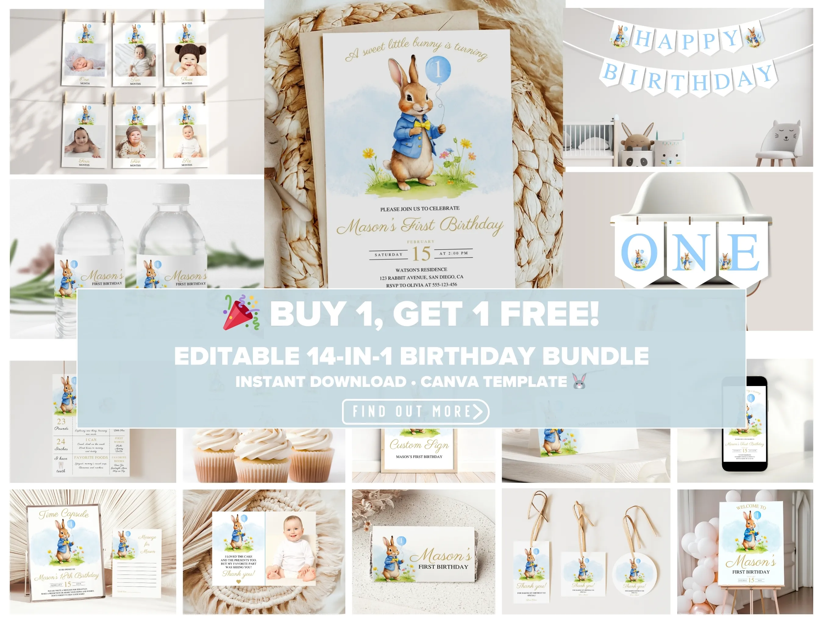 Peter Rabbit birthday bundle — Flopsy Bunny theme editable Canva templates for first birthday invitations, signs & printable party decorations (digital download)