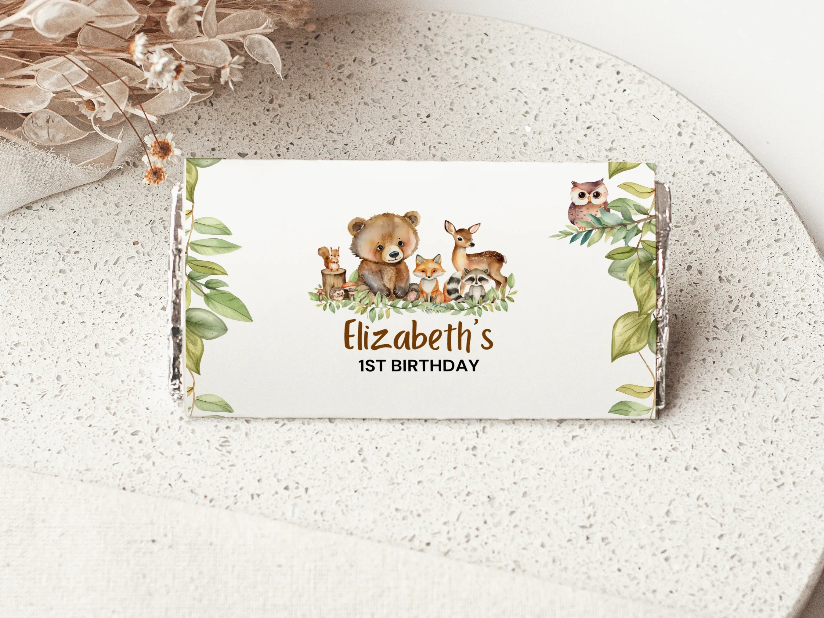 Woodland animals birthday chocolate wrappers with Wild One forest theme, matching candy wrappers and candy bar labels, editable Canva template by fllcdesigns