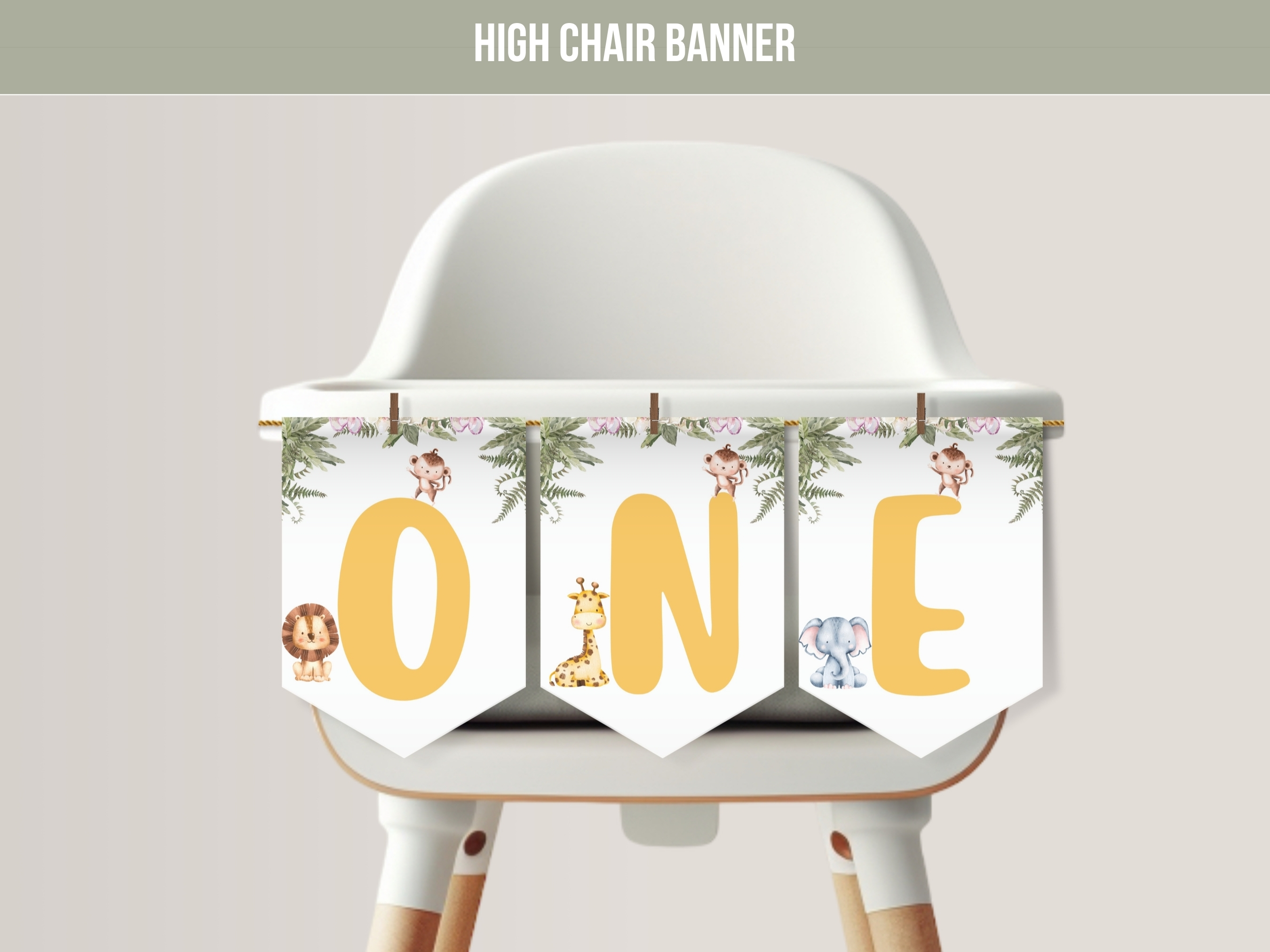 Wild One birthday high chair banner with jungle safari animals and ONE lettering, editable Canva template digital download by fllcdesigns