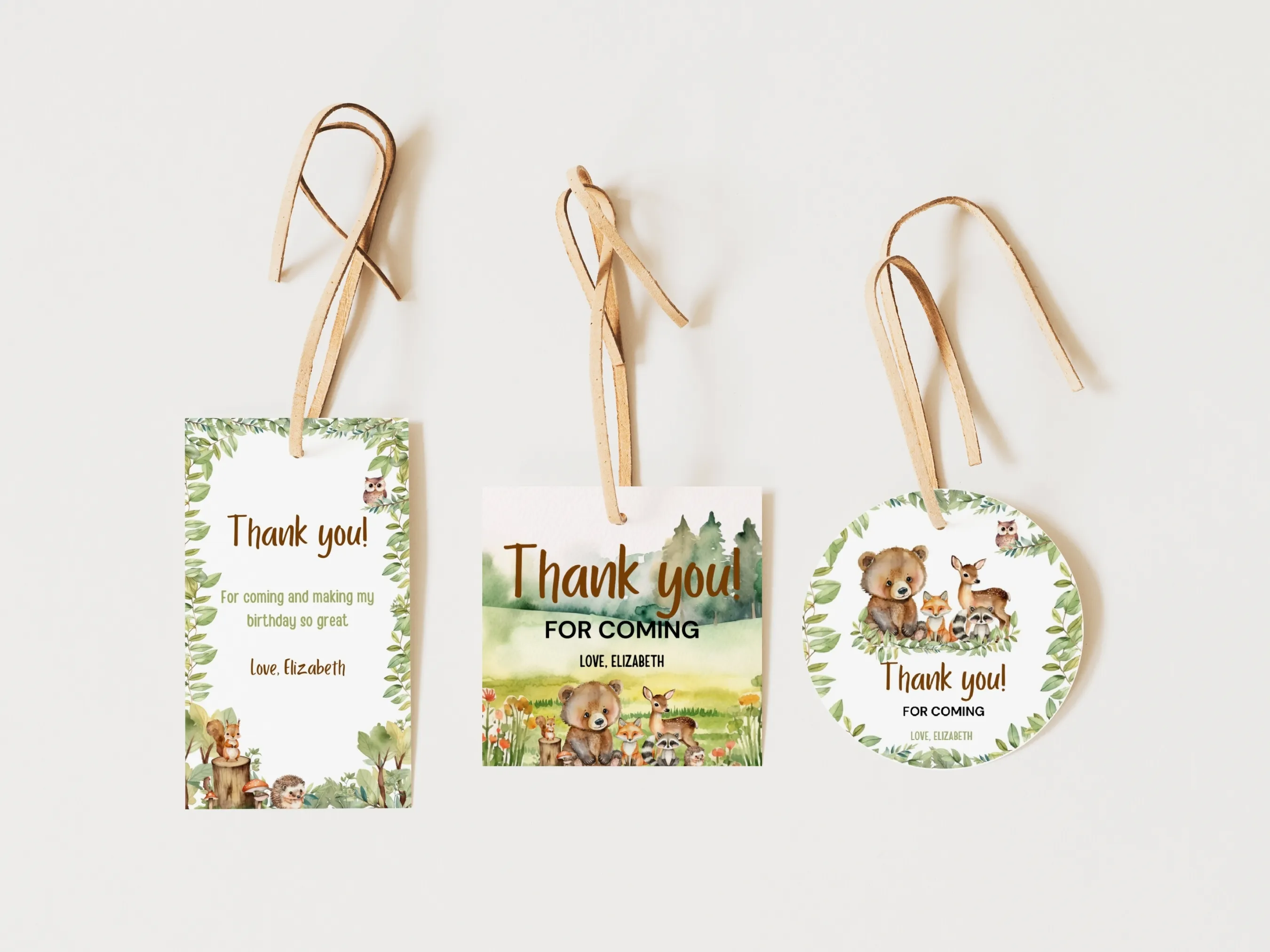 Woodland birthday thank you tags with cute forest animals and greenery, rustic party favor labels, editable Canva template by fllcdesigns