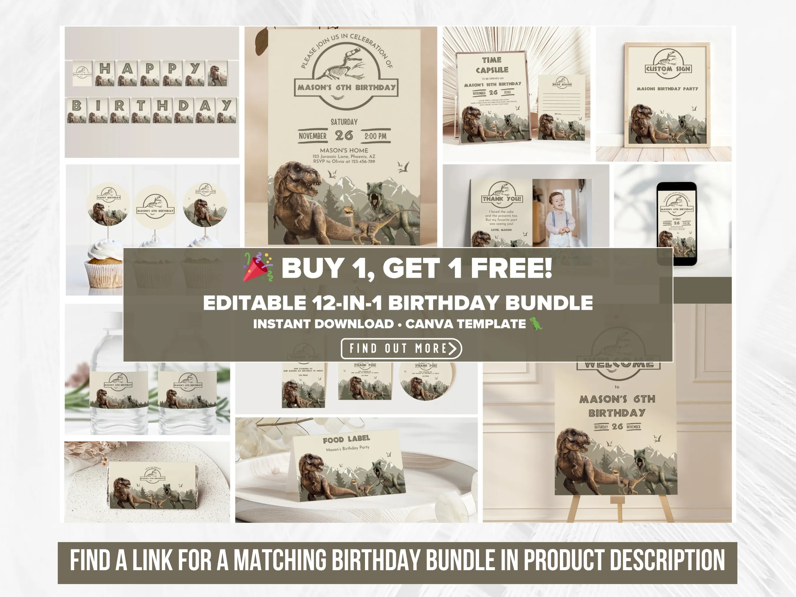 Dinosaur Birthday Mobile Invitation | Jurassic Party Evite | Editable Canva Template | Digital Download