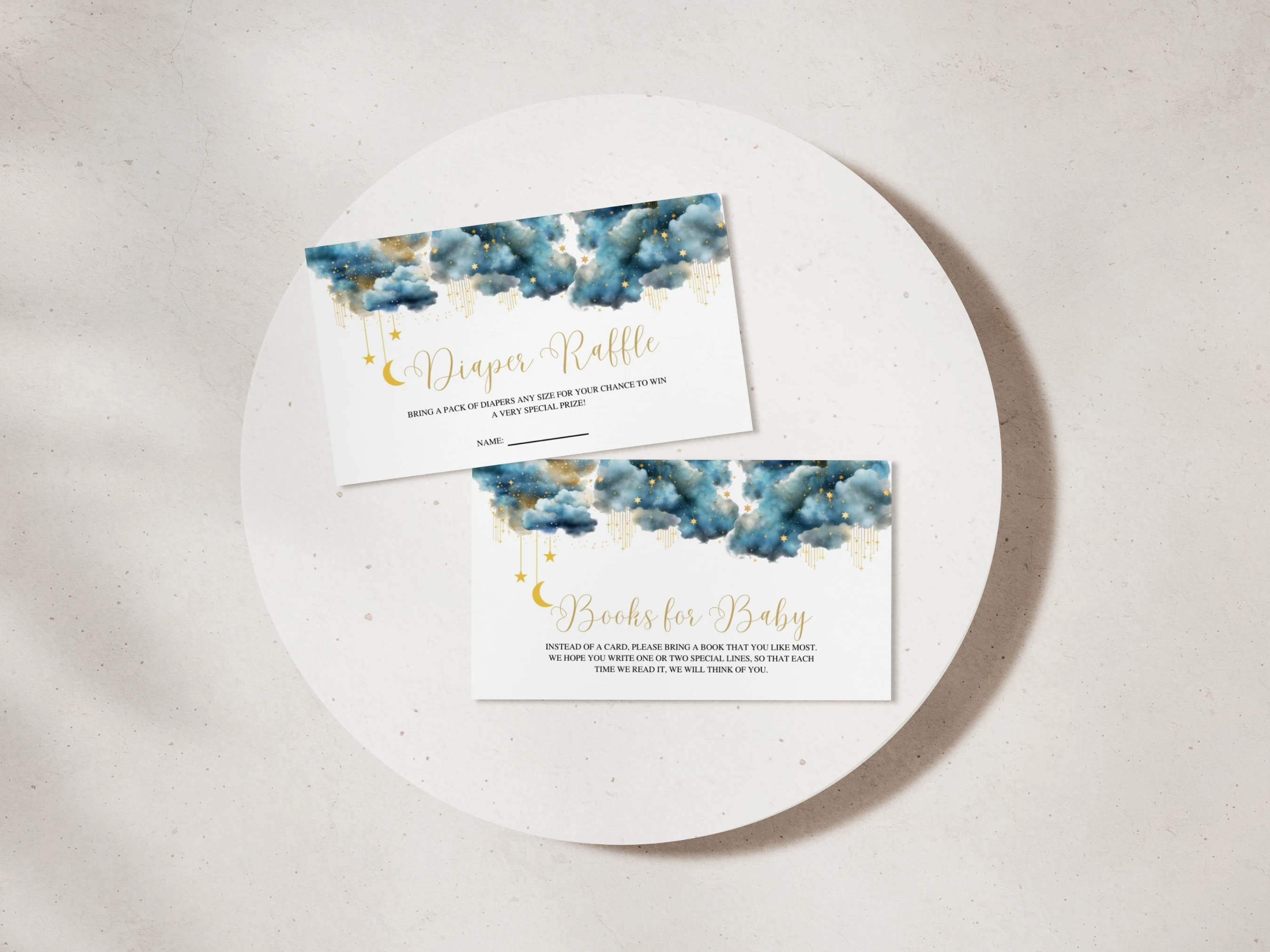 twinkle little star diaper raffle card, over the moon books for baby card, blue and gold diaper raffle ticket printable, moon and stars baby shower insert, editable diaper raffle card Canva