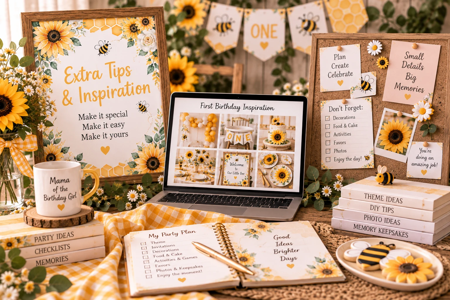 First birthday planning and inspiration workspace with sunflower and bee decorations, party checklist, planning notebook and theme ideas