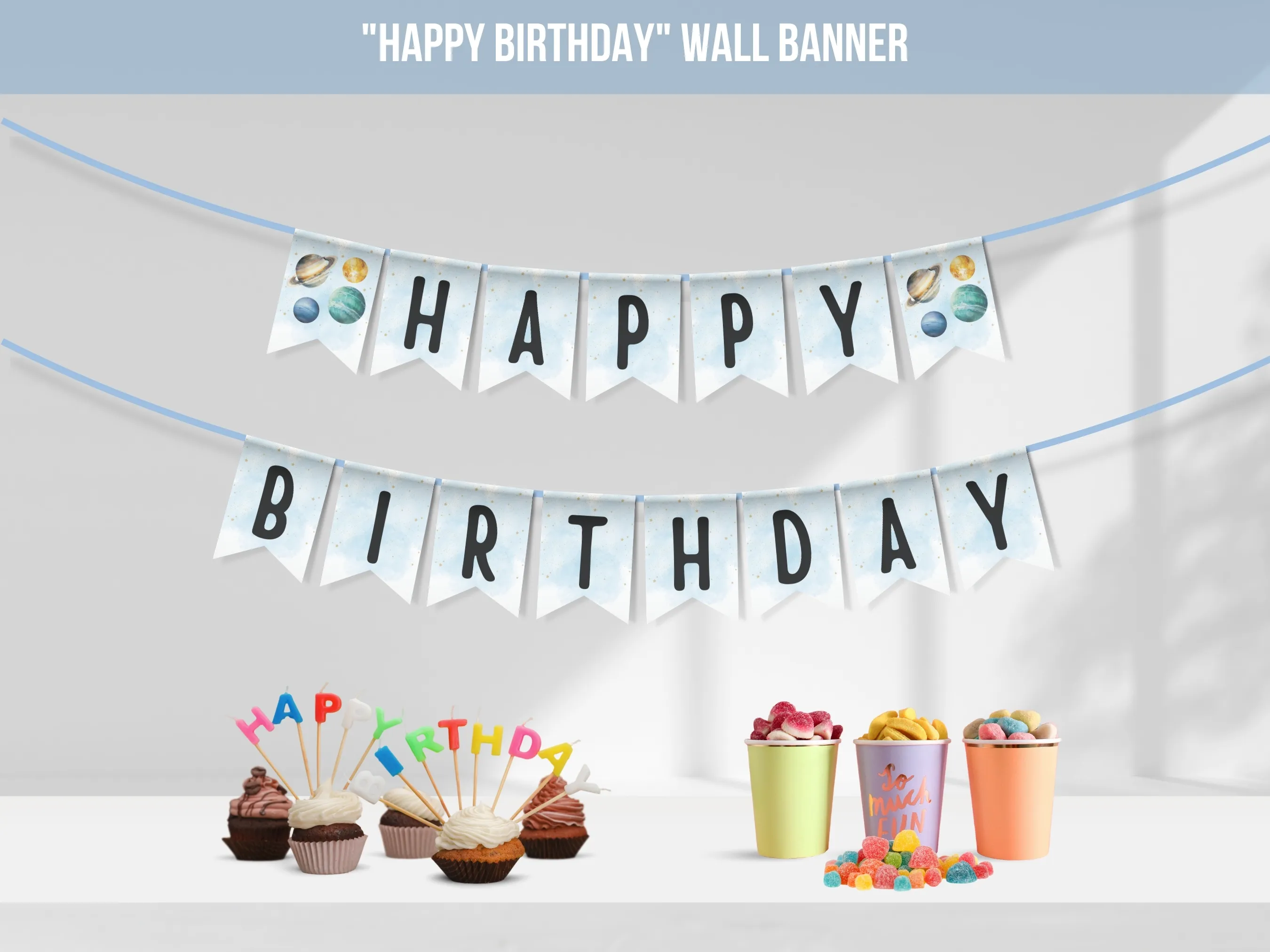 First Trip Around The Sun Happy Birthday banner with outer space theme, customizable birthday bunting and wall banner, editable Canva template by fllcdesigns