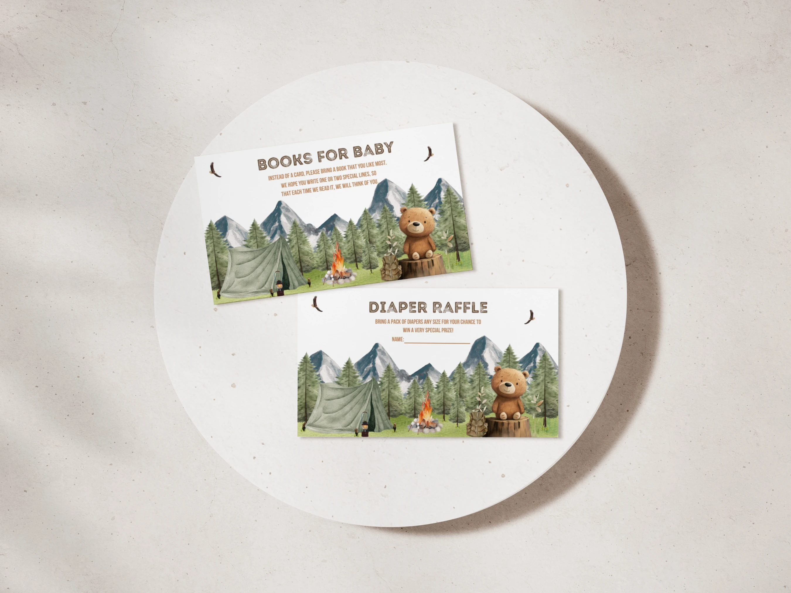 little camper diaper raffle card, adventure awaits books for baby card, bear theme diaper raffle ticket printable, woodland baby shower insert card, editable diaper raffle card Canva