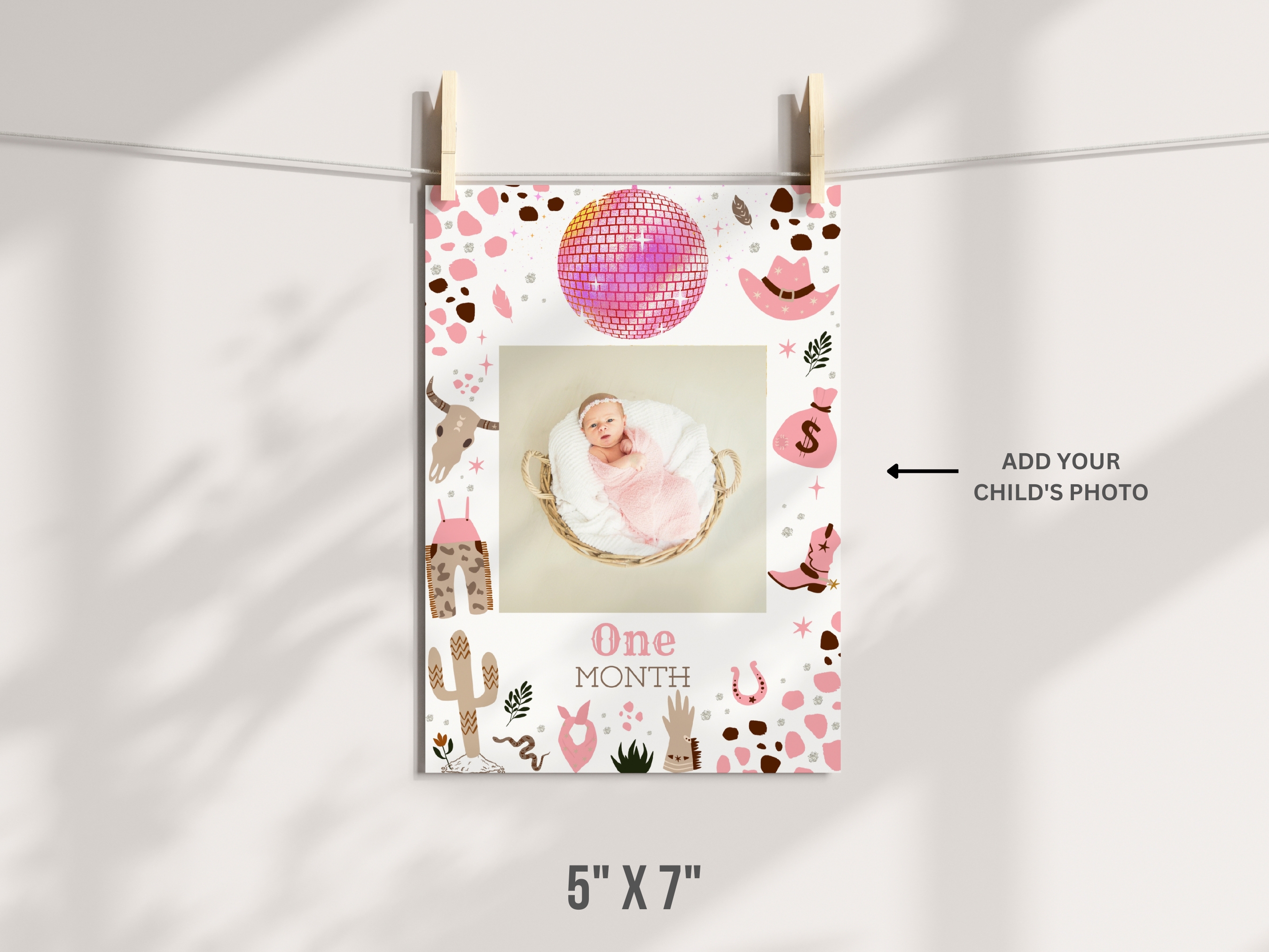 Space Cowgirl First Rodeo Birthday Photo Banner | Disco Cowgirl Baby Milestone Cards | Editable Canva Template | Digital Download