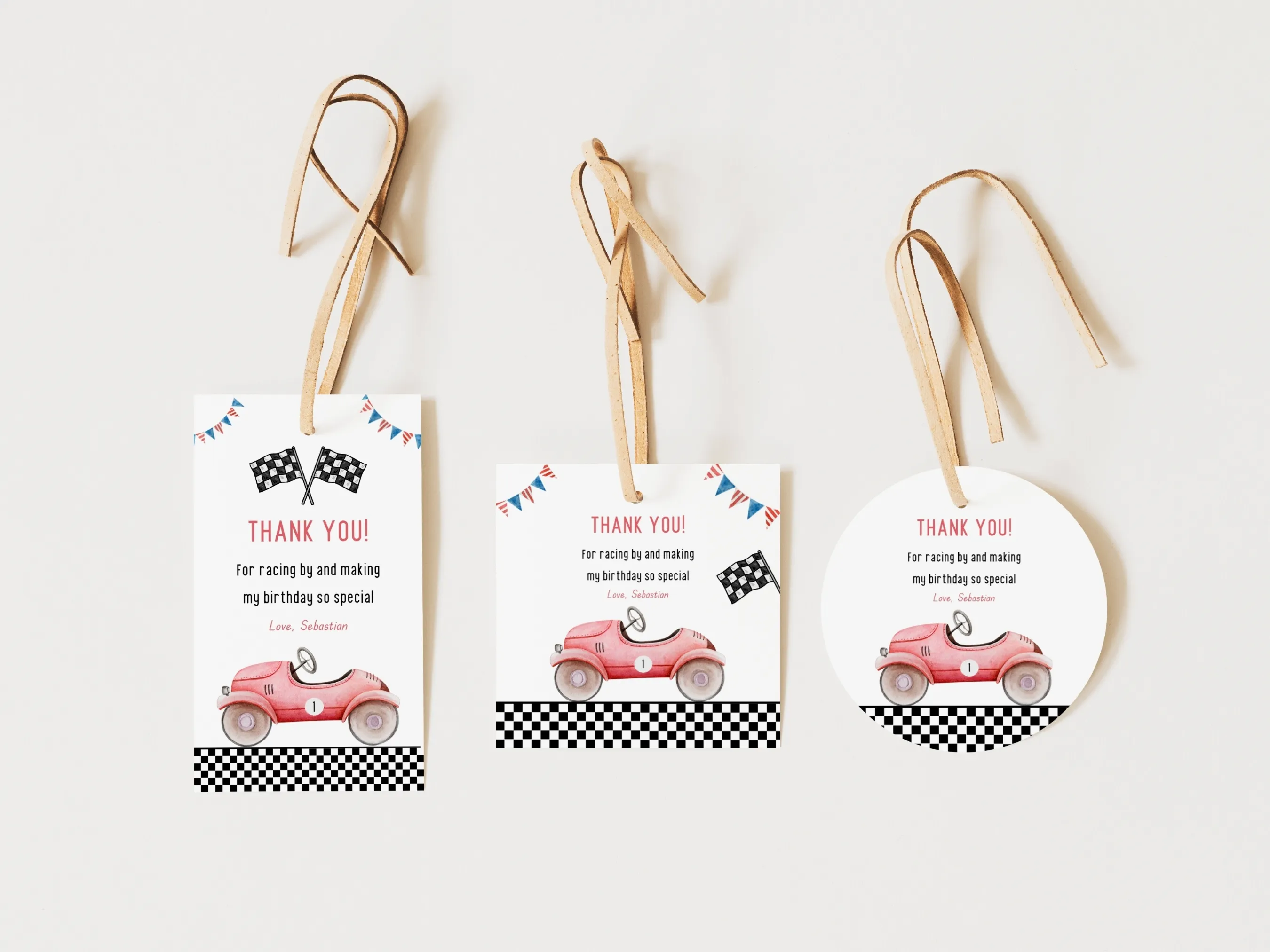Fast One birthday thank you tags with red vintage race car design, retro racing theme, editable Canva template by fllcdesigns