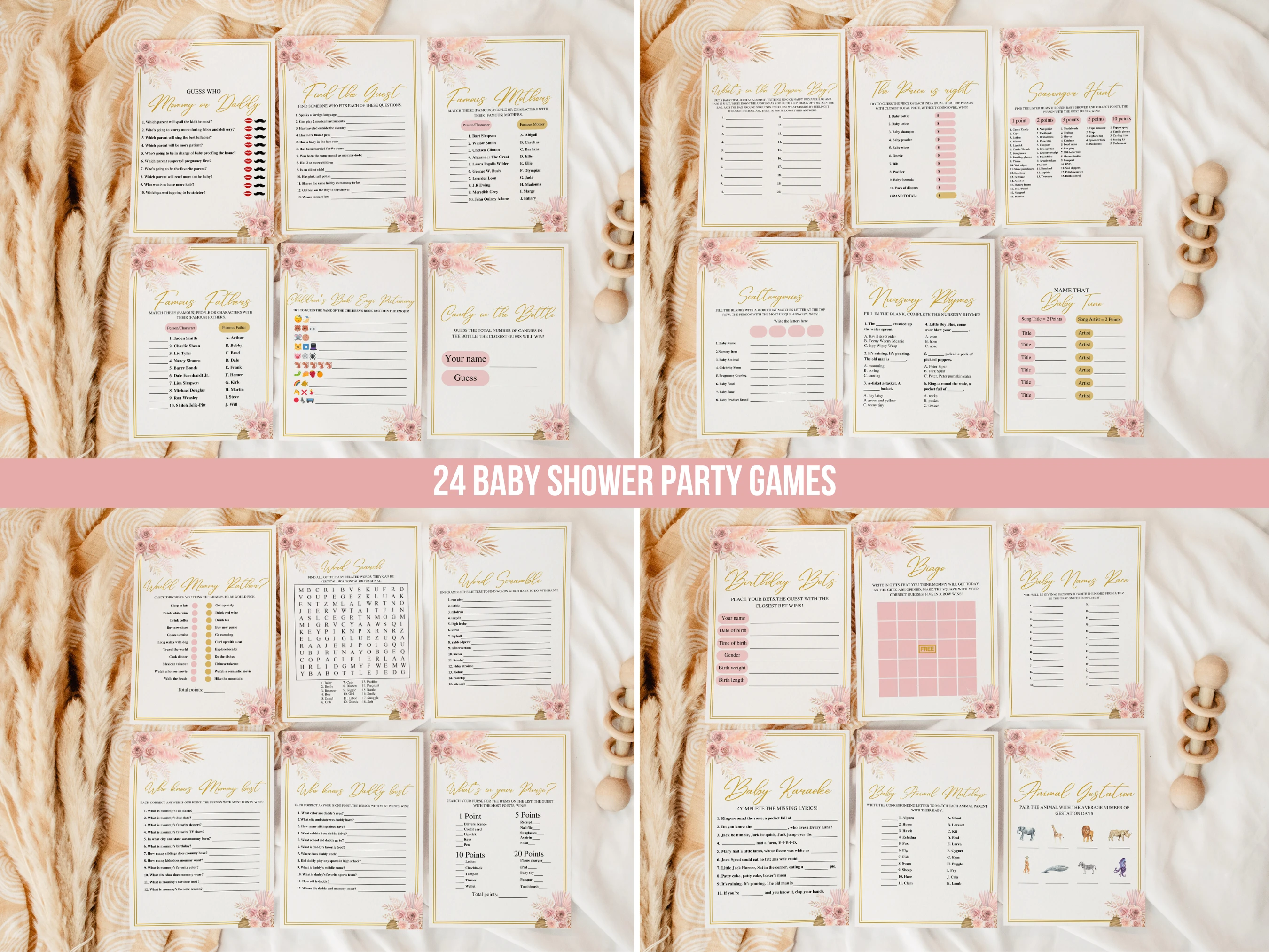 Boho Baby Shower Games Bundle | Rose Gold Baby Shower Bingo Printable Games | Pampas Grass Baby Shower Party Games | Editable Canva Template | Digital Download