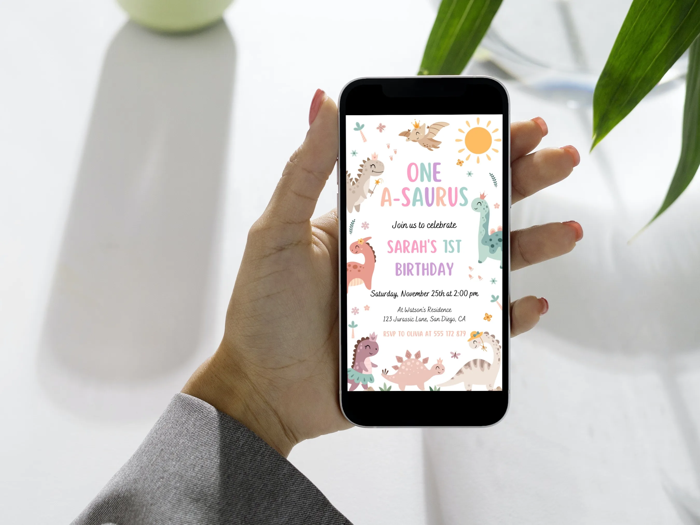 Pink Girl Dinosaur 1st Birthday Mobile Invitation | Dino Party Evite | Editable Canva Template | Digital Download