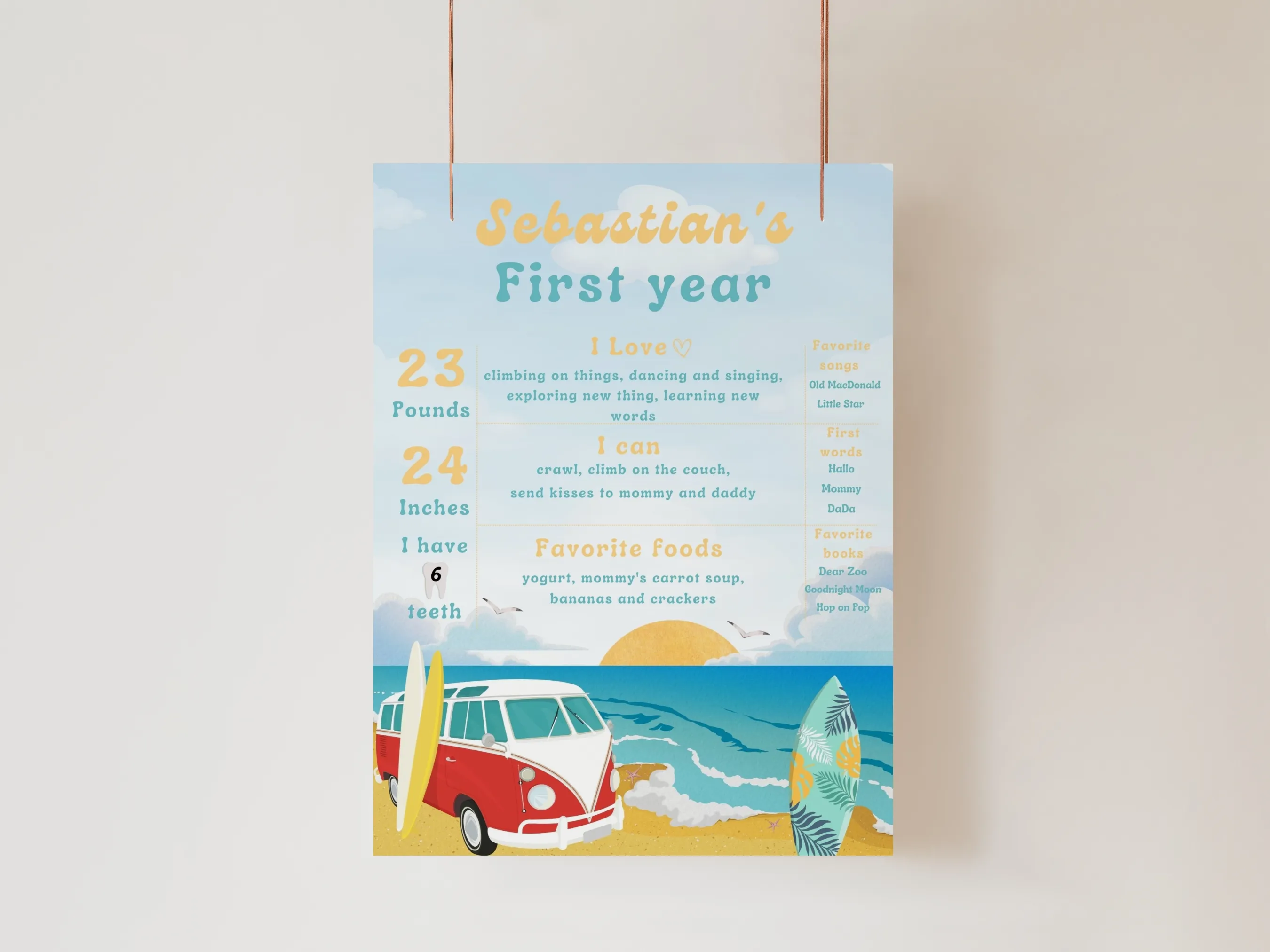Surf milestone board and beach party baby milestone sign with The Big One surf theme for a first birthday, editable Canva template digital download by fllcdesigns