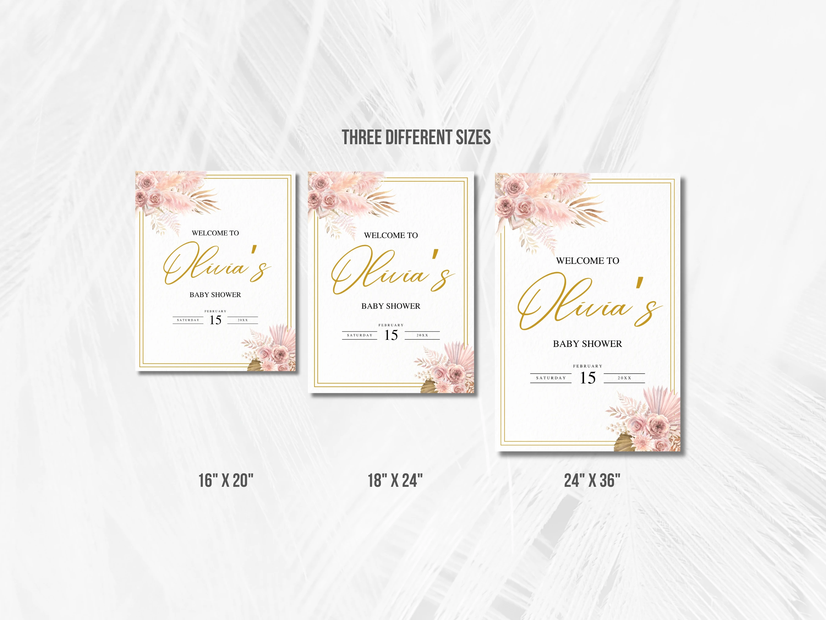 Boho Baby Shower Welcome Sign | Pampas Grass Rose Gold Welcome Board For Baby Girl | Editable Canva Template | Digital Download