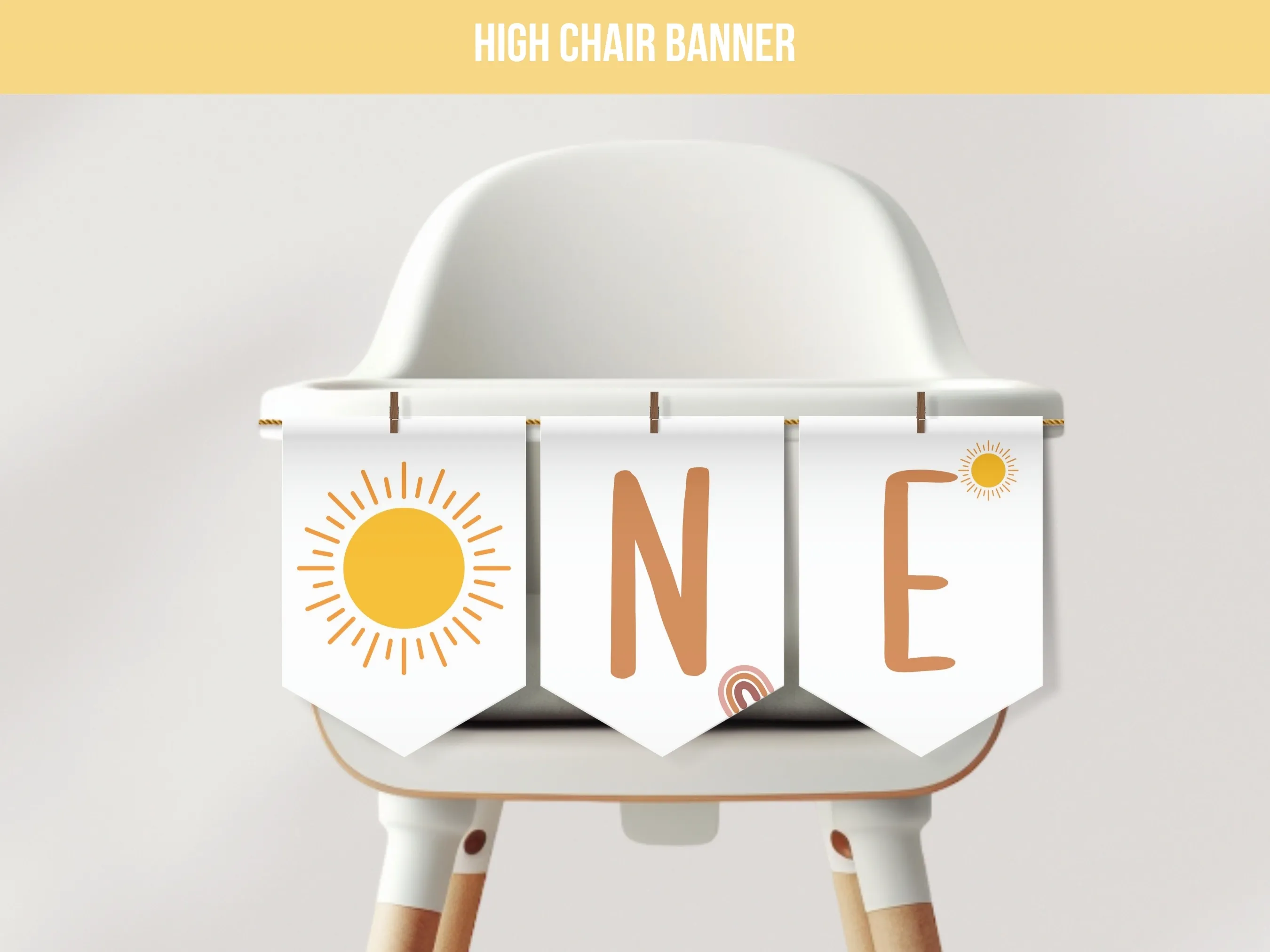 Sunshine birthday high chair banner with ONE lettering and boho style for a first birthday, editable Canva template digital download by fllcdesigns