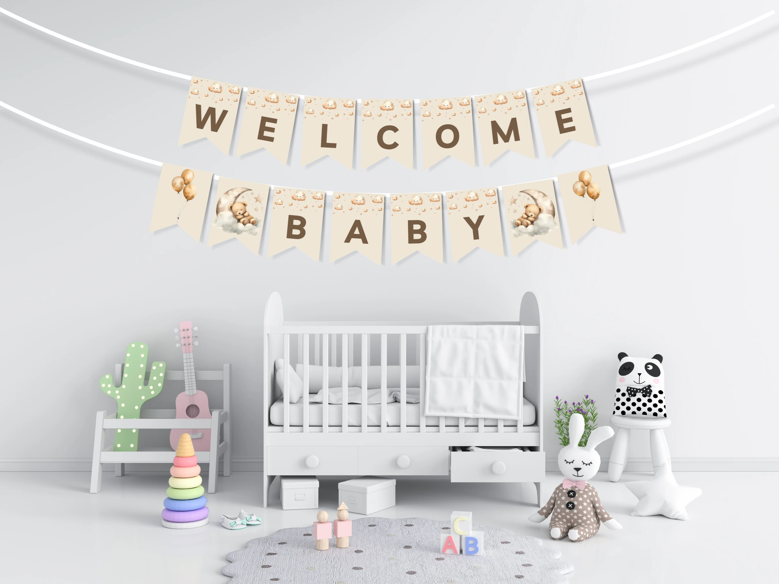 teddy bear baby shower banner, over the moon baby shower banner, bear theme baby shower banner printable, welcome baby bear banner, editable baby shower banner Canva