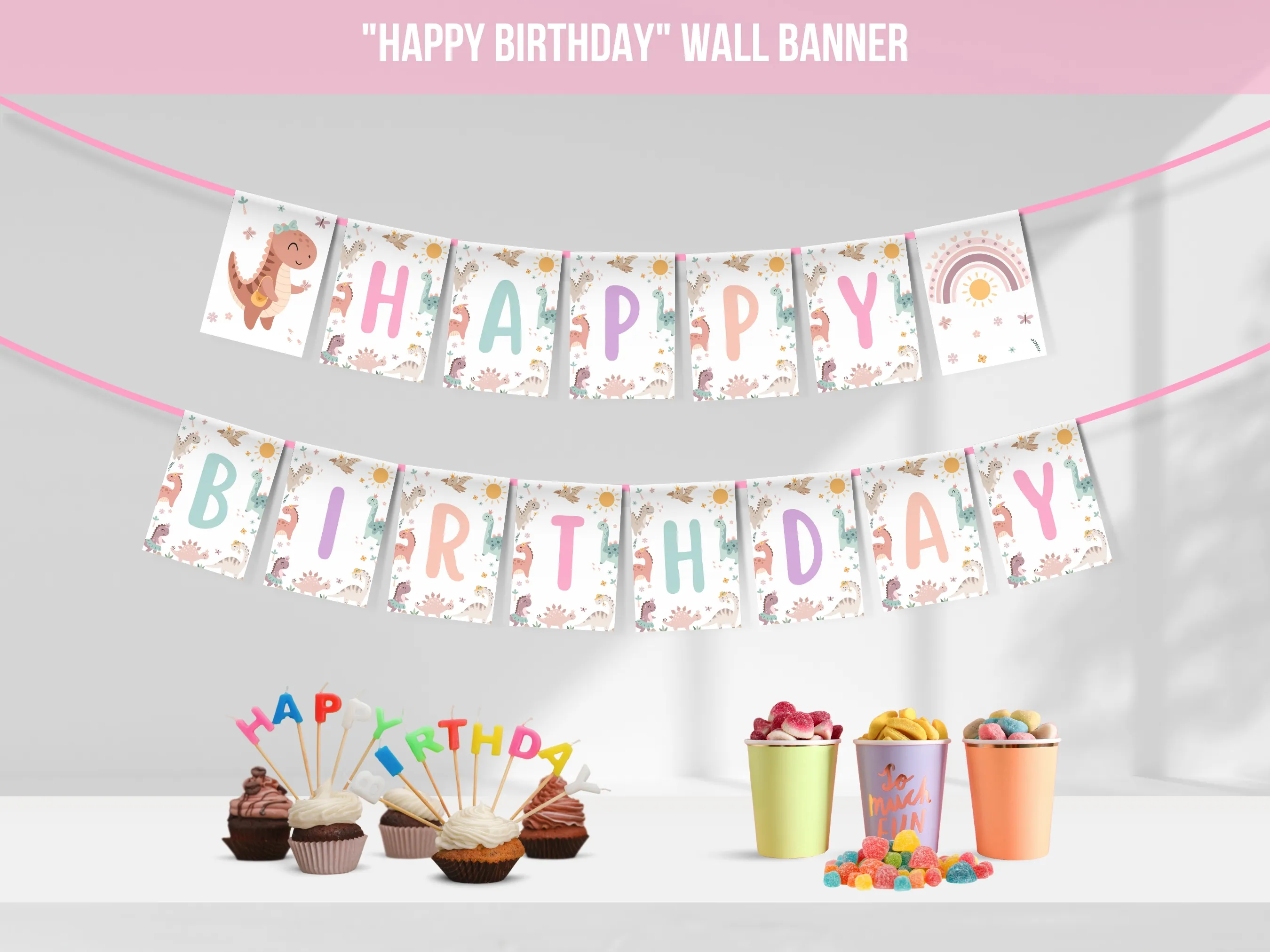 Baby girl dinosaur Happy Birthday banner with pink dinosaur theme, customizable birthday bunting, editable Canva template by fllcdesigns